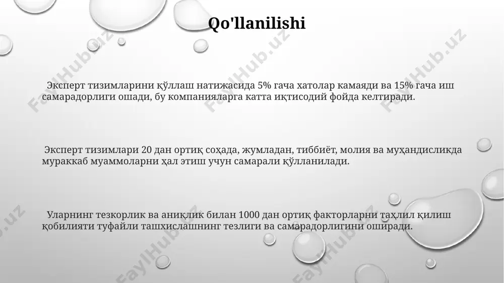 an o'tkazish. bu 3-6 oy davom etishi mumkin. ekspert tizimlarini yaratishda prolog, lisp kabi mantiqiy dasturlash tillari, shuningdek, python yoki java kabi ob'ektga yo'naltirilgan tillardan foydalaniladi. ularning samaradorligi 70-90% gacha yetishi mumkin. ekspert tizimlarini ishlab chiqishda 5-10 ta mutaxassisning bilimlari va tajribalari yig'iladi va ular maxsus dasturiy ta'minot yordamida kompyuterga kiritiladi. e'tiboringiz uchun rahmat @taqdimot_robot image1.png image2.png image3.png