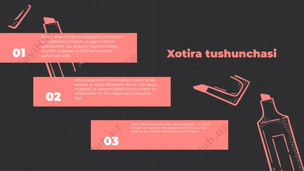 zoq muddatli xotira ko'p ma'lumotlarni uzoq vaqt davomida saqlashga qodir. xotira turlariga ta'sir etuvchi omillar orasida stress darajasi, o'quv usullari va individual farqlar mavjud. xotira turlarini tushunish, bilimni o'zlashtirish va eslatmalarni samarali ravishda yaratishda yordam beradi. bu, shuningdek, psixologik sog'liqni saqlash va kognitiv rivojlanishni qo'llab-quvvatlaydi. individual farqlar xotira turlari xotira turlarida individual farqlar shuni ko'rsatadiki, har bir insonning xotirasi o'ziga xosdir. ayrim odamlar tug'ma ravishda yaxshiroq xotiraga ega bo'lishi mumkin, bu esa ularning o'rganish va ma'lumotlarni saqlash qobiliyatiga ta'sir qiladi. genetik va atrof-muhit xotira bo'yicha individual farqlar genetik omillar va atrof-muhit ta'siri bilan bog'liq. genetik faktorlar xotira qobiliyatini belgilashi mumkin, ammo tarbiyalash va tajriba ham bu jarayonga katta ta'sir ko'rsatadi. muhim tadqiqotlar xotira bo'yicha individual farqlarni o'rganishda ko'plab muhim tadqiqotlar o'tkazilgan. masalan, kognitiv psixologiyadagi tadqiqotlar individual farqlarning natijalari, o'rganish usullari va xotira turi bo'yicha qiziqishlarni ko'rsatadi. xulosa va kelajak istiqbollari xotira va boshqa psixik jarayonlar o'rtasidagi o'zaro bog'liqlik, insonning xotira …