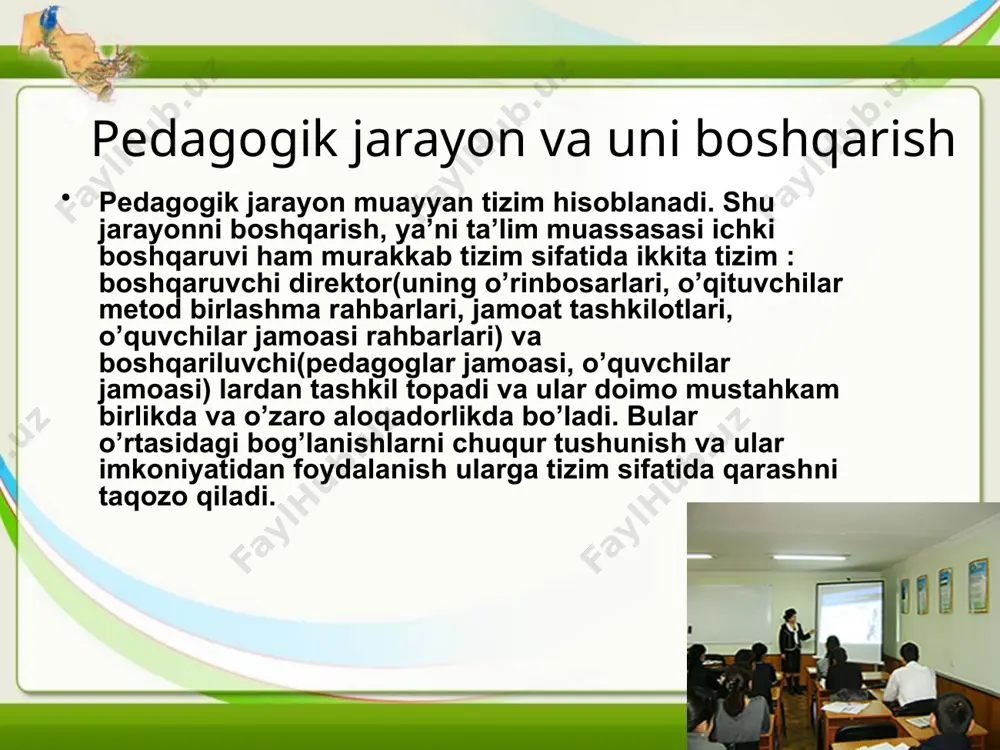 manfaati uchun qayg‘urish, mazkur yo‘lda amaliy harakatlarni tashkil etish hamda javobgarlik hissi qaror topadi. birgalikdagi faoliyat umumjamiyat ishi uchun ma’suliyat hissini uyg‘ota borib, jamoa a’zolarini bir-biriga yaqinlashtiradi, a’zolarda jamoaga mansublik hissini paydo bo‘lishiga ko‘maklashadi, jamoa bilan munosabatda bo‘lish ehtiyojini oshiradi. jamoa a’zolari orasida o‘zaro hissiy birlik (bir-birini yoqtirish hissi) yuzaga keladi. ushbu munosabat ko‘pincha o‘z-o‘zidan paydo bo‘ladi hamda ular o‘qituvchiik ta’sir ko‘rsatish uchun qo‘l keladi. jamoa a’zolari o‘rtasidagi ruhiy birlik mazmuni ular orasida hosil bo‘lgan ishchanlik faoliyatining harakteriga bevosita bog‘liqdir. 11 norasmiy tuzilma jamoaning barcha a’zolari o‘rtasidagi shaxslararo ma’naviy-psixologik munosabatlarning umumiy tizimi va mikroguruhni tashqil qiluvchi ayrim a’zolar o‘rtasidagi tanlash munosabatlari mazmunini ifodalaydi. jamoaning har bir a’zosi mavjud munosabatlar tizimida u yoki bu o‘rinni egallaydi. o‘quvchining jamoadagi o‘rni uning shaxs sifatida shakllanishi va kamolotga erishishiga muhim ta’sir ko‘rsatadi. maktab yoki sinfdagi rasmiy va norasmiy tuzilmalar bir-biriga muvofiq bo‘lganda, jamoaning rasmiy etakchilari norasmiy munosabatlar tizimida ko‘zga ko‘ringan o‘rinni egallagan holdagina u …