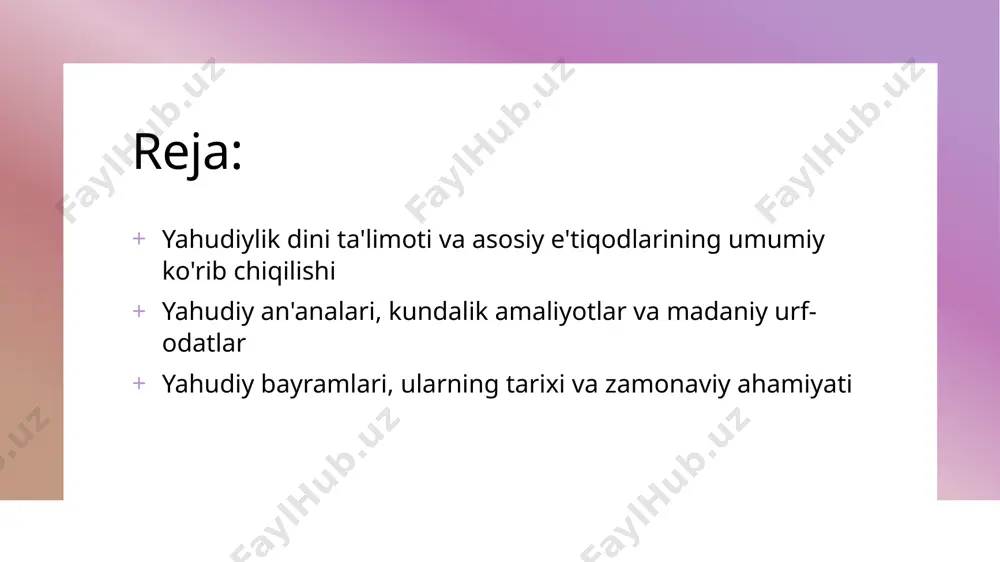 lar sifatida qabul qilinadi, insonlar o‘rtasida hurmat va hamjihatlikni mustahkamlashga yordam beradi. yahudiylikda muqaddas matnlar va ularning o‘rni 1 muqaddas kitoblar - yahudiylikda tanax va talmud kabi muqaddas matnlar asosiy diniy yo‘nalishlarni shakllantiradi. ular diniy ta'lim va amaliyotlar uchun muhim manba hisoblanadi. 2 tarjimalar va interpretatsiyalar - muqaddas matnlarning turli tillarga tarjimalari va sharhlari mavjud bo‘lib, ular diniy bilimlarni kengaytirishga va yosh avlodga o‘tishga yordam beradi. 3 diniy rituallar va ta'lim - muqaddas yozuvlar diniy marosimlar va kundalik ibodatlarda qo‘llaniladi, ular yahudiylikda ruhiy va axloqiy qadriyatlarni mustahkamlashga xizmat qiladi. yahudiylikda diniy e'tiqodlarning kundalik hayotga ta'siri e’tiqod va amaliyot yahudiylikda diniy e'tiqodlar kundalik hayotda qat'iy amal qilinadi. masalan, sabzavotlarni shubhasiz kosher qilish, diniy taqvimga muvofiq kunlar va rituallar bajariladi. shaxsiy va oilaviy hayot diniy qadriyatlar oilada muhim rol o'ynaydi. islom va yangi yillik bayramlar, shuningdek, shabbatda ibodat va taom tayyorlash odati kundalik odatga aylangan. jamoat bilan bog'liqlik yahudiy jamoatlari diniy amaliyotlar, …