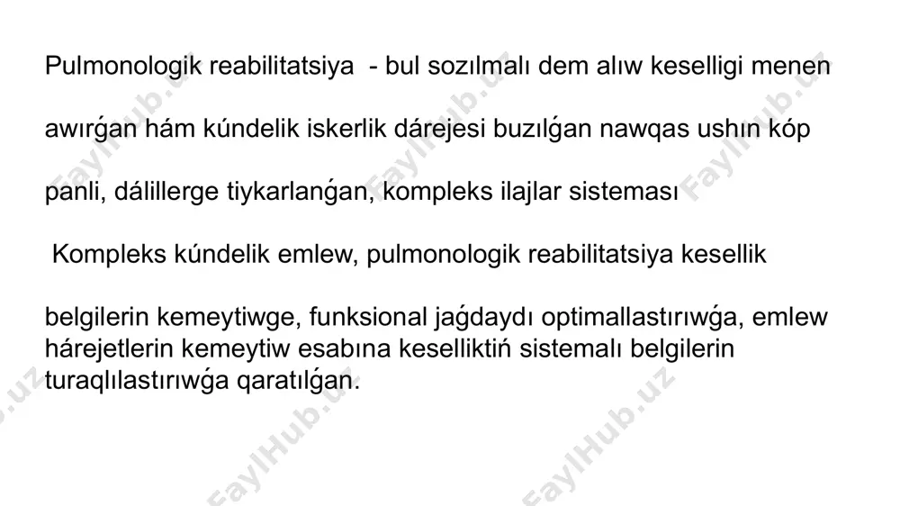 sistemasın asırıw ushın tayınlanatuǵın fizioterapiya. противовоспалительное средство: увч терапия, атермическая доза уфо в область передних и задних бронхов лечение сантиметровыми и дицеметровыми волнами индуктотермия лекарственный электрофорез противовоспалительных или спазмолитических препаратов (антибиотики, новокаин, лидокаин, хлорид кальция, сульфат магния, эуфиллин, платифиллин) муколитик: sonıń menen birge, eritib tashlovchi ot, evkalipt tintiqi, kalendula tintiqi, ambroksol, asetiltsitsein, natriy xlorid izoton eritpesi, alkalis inhalatsiya, mineral suw menen inhalatsiya terapiyası qollanıladı galoaeroterapiya dári-dárman elektroforezi ddt yamasa amplipulsterapiya бронходилятаторы: inhalyatsiya terapiyası - giperbaroterapiya иммуностимуляторы: -ulıwma ufo - lazer terapiyası -geliyoterapiya salamatlandırıw basqıshında emlew, ókpelerdiń dem alıw funksiyası saldamlı buzilmagan, turaqlı yamasa nobarqaror remissiya basqıshında, atelektasiz, dem alıw qıyınlıǵı i den joqarı bolmaǵan jaǵdaylarda qollanıladı. kesellerdi kóbirek ıqlımlı teńiz kurortlariga jıberiwedi. pnevmoniya - dem alıw shólkemleriniń keń tarqalǵan keselliklerinen biri bolıp, hár 1000 kisiden 3-15 danaında ushraydı. emlewxanadan tısqarı pnevmoniyadan ólim dárejesi 5%, nosokomal - 20%, ǵarrılarda - 30% ni quraydı. sars-cov koronavirusınıń pnevmoniyasınan ólim dárejesi 4% ni quraydı …