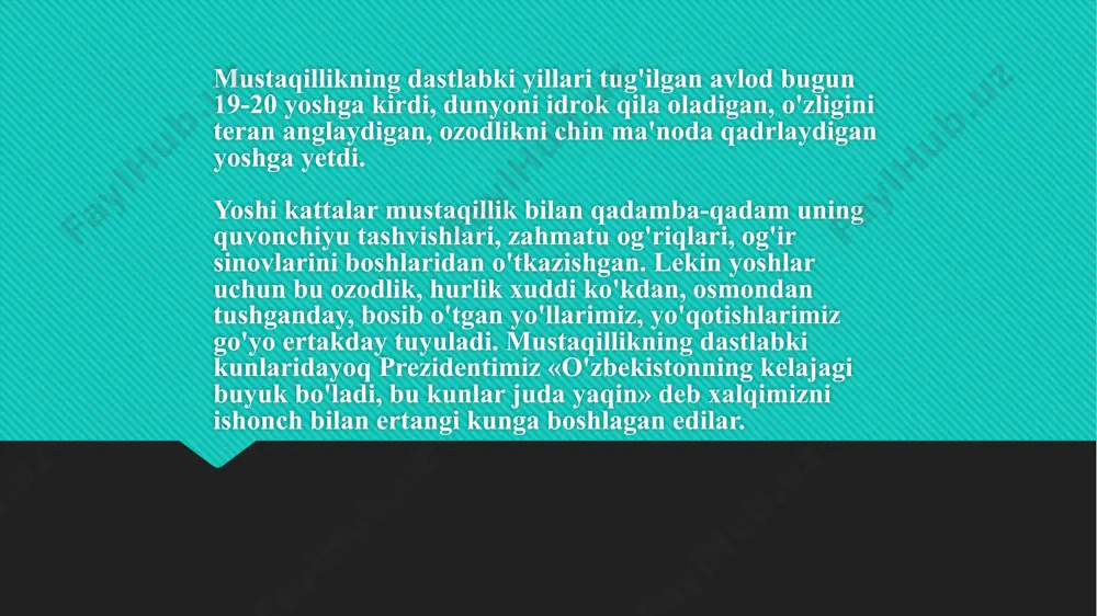 yillarda) olib borgan jo‘shqin va serqirra siyosiy-ijtimoiy faoliyatini aks ettiradigan ma’ruza va nutqlar, suhbat, maqola va intervyular o‘rin olgan. kitob shaklida ilk bor chop etilayotgan bu chiqishlarning “o‘zbekiston mustaqillikka erishish ostonasida” deb nomlanishi albatta bejiz emas. bu kitob yaqin o‘tmishimizning murakkab tarixiy-siyosiy bosqichlarini, jumladan, tasavvur qilish ham qiyin bo‘lgan g‘oyat og‘ir va tahlikali bir vaziyatda o‘zbekiston rahbari sifatida ish boshlagan islom karimovning o‘lkamizni chuqur inqirozdan olib chiqish, uni qat’iyat va matonat bilan istiqlol sari boshlash, vatanimiz mustaqilligini e’lon qilish, umumxalq saylovida g‘olib chiqib, prezidentlik qasamyodini qabul qilishigacha bo‘lgan, tinimsiz kurashlar, keskin sinov va mashaqqatlar bilan o‘tgan faoliyat davrini o‘z ichiga oladi. kitobga kiritilgan nutq va ma’ruzalarda o‘sha davrdagi o‘ta dramatik voqealar, tarixiy o‘zgarishlar qanday murakkab vaziyatlarda yuz bergani, ularning tafsiloti, sabab va oqibatlari atroflicha yoritib beriladi. ma’lumki, 1989 yilning o‘rtalarida kpss markaziy komiteti, sovet hukumati tomonidan o‘zbekistonga nisbatan qatag‘on siyosati yangi bosqichda davom ettirilib, “paxta ishi”, “o‘zbeklar ishi” deb nom …