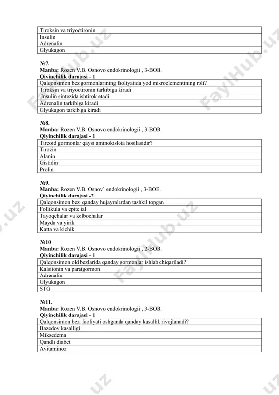 va paratgormon adrenalin glyukagon stg №11. manba: rozen v.b. osnovo endokrinologii , 3-bob. qiyinchilik darajasi - 1 qalqonsimon bezi faoliyati oshganda qanday kasallik rivojlanadi? bazedov kasalligi miksedema qandli diabet avitaminoz №12. manba: rozen v.b. osnovo endokrinologii , 3-bob. qiyinchilik darajasi - 2 qalqonsimon bez faoliyati pasayishi natijasida katta yoshdagi insonlarda qanday hastalik rivojlanadi? miksedema bazedova akromegaliya kreatinizm №13. manba: rozen v.b. osnovo endokrinologii , 3-bob. qiyinchilik darajasi - 2 qalqonsimon bez faoliyati embrional rivojlanish jarayonida pasayishi natijasida qanday hastalik rivojlanadi? kreatinizm miksedema gigantizm akromegaliya №14. manba: rozen v.b. osnovo endokrinologii , 2-bob. qiyinchilik darajasi - 1 endokrinologiya fani bu... ichki sekretsiya bezlari va ularda ishlab chiqariladigan gormonlar haqidagi fandir oqsillar haqidagi fandir vitaminlar haqidagi fandir lipidlar haqidagi fandir №15. manba: rozen v.b. osnovo endokrinologii , 2-bob. qiyinchilik darajasi - 1 epifizning boshqacha nomi do‘mboqsimon bez buqoq bezi buyrak usti bezi gipofiz №16. manba: rozen v.b. osnovo endokrinologii , 2-bob. qiyinchilik …