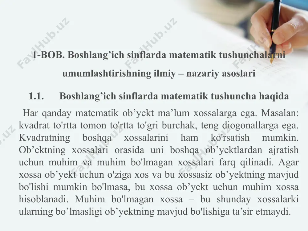 ’rganishga tayyorlash. i-iv sinflarda matematika o’qitishning asosiy vazifasi bo’lgan talim - tarbiyaviy vazifalarni hal qilishda ulardagi matematika kursini qanday darajada tayyorgarligi borligiga, bolalar bog’chalarining tayyorlov guruhlari dasturi orqali hamda uylarda matematik tushunchalarni o’rganib qanday bilimlarga egaligiga bog’liq. shuning uchun 1-sinfga kelganlarning bilimlarini aniqlash, sinf o’quvchilarining bilimlarini tenglashtirish, ya’ni past bilimga ega bo’lgan o’quvchilarning bilimlarini yaxshi biladigan o’quvchilarga yetkazib olish vazifasi turadi. ii-bob. boshlang’ich sinfda o’quvchilarni ko’p yo’q tushunchasi bilan tanishtirishning umumiy masalalari 2.1. “ko’p” “yo’q” tushunchasi bilan o’quvchilarni tanishtirish boshlang’ich sinflarning dasturida matematik material bilan uzviy bog’liqlikda turli miqdorlarni ham o’rganish nazarda tutilgan. miqdorlarsiz tabiatni, borliq olamni o’rganish mumkin emas. chunki miqdorlarda turli narsalarning, borliq dunyoning xossalari aks etgan. miqdor tushunchasi narsa yoki hodisaning xossasi bo’lib, bu tushunchalar o’quvchilarning butun o’qishi davrida shakllanadi. biz o’quvchilarga uzunlik, jismning massasi (og’irlik), hajmi, vaqt, figuraning yuzi kabi miqdorlar to’g’risida tushuncha berishimiz kerak. bu tushunchalarni o’rganish arifmetik material bilan qo’shib o’qitiladi alohida predmetlarni, to'plamni …