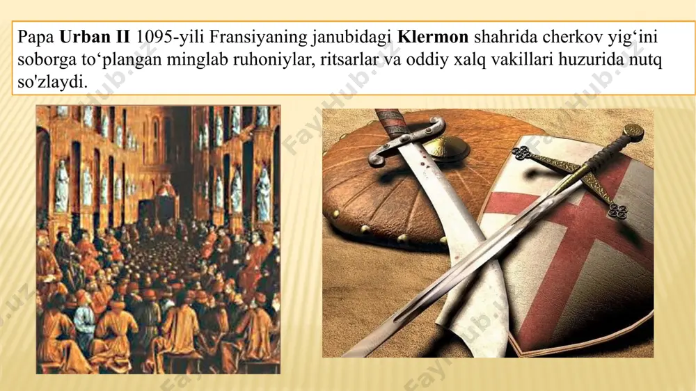 uqaddas shahar“ boʻlgan quddusni egallab olishlari salibchilarning oʻrta dengizning sharqidagi yerlarga bostirib kirishiga sabab boʻlgan. vizantiya saljuqiylarga qarshi kurashish uchun gʻarbdagi davlatlardan bir necha bor harbiy yordam soʻragan. salib yurishlarining bevosita tashkilotchisi boʻlgan rim papasi bundan foydalangan. papalar katolik cherkovining taʼsirini kuchaytirish va kengaytirish, pravoslav cherkovini rimga boʻysundirish maqsadida diniy fanatizmni avj oldirganlar. salibchilarning koʻpchiligini qashshoqlashib qolgan ritsarlar, yirik senʼorlar hamda dehqonlar tashkil qilgan «salib» yurishlari salib yurishlari 1096-1291 yillar «salib»ning «yarim oy»ga qarshi - xristianlarni sharqga ya’ni musulmonlar diyoriga qarshi yurishi vizantiya imperiyasi papa bilan kelisha olmasa ham undan yordam so’radi.rim papasi urban ii 1095 yilda fransiya klerman shahrida nutq so’zladi.u o’z nutqida isoni qabrini ozod qilishga chorladi.olomon xudoning isyoni shu deya isyon boshladilar. bu yurishda jangchilar kiyimlariga xoch tasvirini qirqib olib kiyimlariga tikib olishdi.shundan so’ng bu yurish salib yurishlari nomini oldi.yurishda yevropaning turli joylaridan oddiy ishchilar,dehqonlar,ritsarlar ishtirok etishdi.ular o’z yurishlarida shon-shuhrat,ko’proq boylik orttirish,yanada katta mulkka ega bo’lish va …
