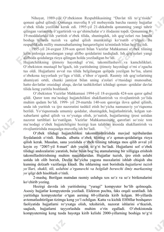 mal vazifasini o‘tab kelgan noyob manba buyuk bobokalonimiz sohibqiron amir temurning “temur tuzuklari”dir. tuzuklar o‘rta asrlar davlatchiligining asosiy qonuni sifatida mashhur bo‘lib, unda davlatni idora qilishda kimlarga tayanish, toj-u taxt egalarining tutumi va vazifalari, vazir va qo‘shin boshliqlarini saylash, sipohiylarning maoshi, boj va soliq to‘lash tartib-qoidalari, mamlakatlarni boshqarish tartibi, davlat arboblari va qo‘shin boshliqlarining burch va vazifalari, vazirlar va boshqa mansabdorlarning toj-u taxt oldida ko‘rsatgan alohida xizmatlarini qay tarzda taqdirlash tartibi va boshqa shu kabi muhim qoidalar o‘z ifodasini topgan. shuningdek, o‘sha davr huquqni nazorat va muhofaza etuvchi mutasaddilar – qozilar tomonidan tasdiqlangan meros mulkni taqsimlash, bolalarni hunar o‘rganish uchun shogirdlikka berish, korxonalar, savdo do‘konlari, yer-suv hamda uy-joy, mol-mulkni sotish, sotib olish yoki ijaraga berish, qullar mehnatidan foydalanish yoki ularni ozod etish, oila, nikoh, taloq, sulh kabi qator huquqiy munosabatlar aksini topgan vasiqalar to‘plamlari ham fikrimizni asoslaydi. hazrat sohibqiron amir temur va uning avlodlari tomonidan boshqarilgan yurtlarda davlat ishlari turkiy …