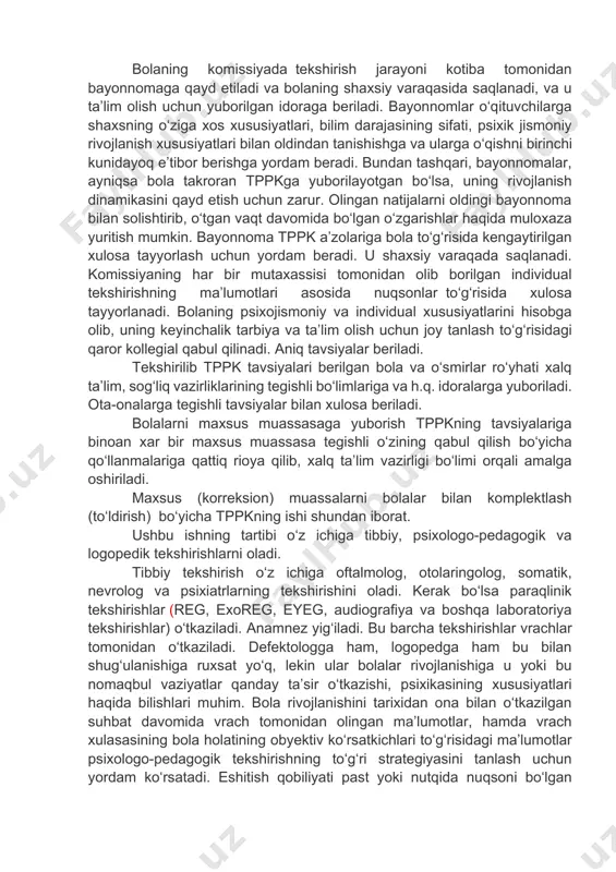 ; tekshirish jarayoni tо‘g‘risidagi bayonnomalar; korreksion-rivojlantirish tizimidan chiqarilgan bolalar hujjatlarining arxivi va tppkning xulosa nusxalari. rо‘yhatga olish daftarida quyidagi ma’lumotlar qayd etiladi: № t/r tekshiruvni о‘tkazish sanasi bola familiyasi,ismi, otasining ismi ttug‘ilgan yili, sanasi, oyi yyаshash joyi tta’lim olgan muassasa, muddati tppkga kim orqali jо‘natilgan tppkga jо‘natilish sababi oota-ona haqida qisqa ma’lu-mot ttppkning xulo-sasi ttppkning tasiyalari iizox “izoh” ustunida tekshirish davomida berilgan tavsiyalarni ota-ona tomonidan bajarilishi kо‘rsatiladi. bola ta’lim olishni davom ettirish uchun ta’lim muassasa tanlash xuquqi ota-onada bо‘lsada, tppk a’zolari ota-onalarni aynan bola manfaatlarini kо‘zlab ish tutishga kо‘ndirish uchun barcha imkoniyatlarini ishga solishlari kerak. rо‘yxatga olish daftari tppkda saqlanadi. bolaning komissiyada tekshirish jarayoni kotiba tomonidan bayonnomaga qayd etiladi va bolaning shaxsiy varaqasida saqlanadi, va u ta’lim olish uchun yuborilgan idoraga beriladi. bayonnomlar о‘qituvchilarga shaxsning о‘ziga xos xususiyatlari, bilim darajasining sifati, psixik jismoniy rivojlanish xususiyatlari bilan oldindan tanishishga va ularga о‘qishni birinchi kunidayoq e’tibor berishga yordam beradi. bundan tashqari, bayonnomalar, …