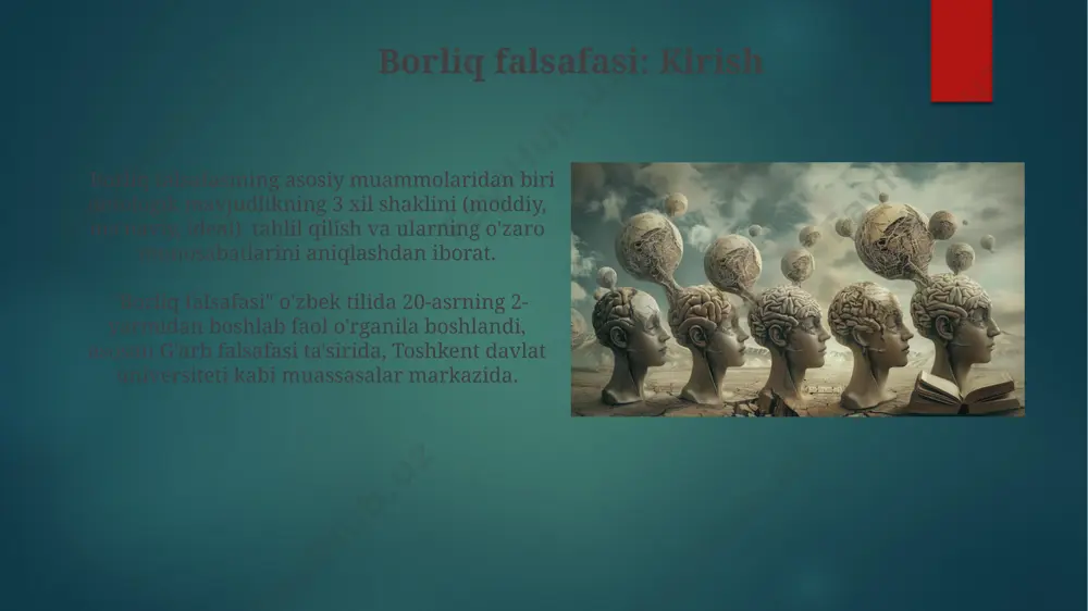 10 dan ortiq borliq darajasi bayon etilib, ularning har biri o'ziga xos xususiyatlarga ega bo'lib, masalan, jismoniy dunyo va metafizik dunyo farqlanadi. "borliqning darajalari" tushunchasi qadimgi yunon faylasufi aristotelning 12 toifasiga asoslangan holda, o'rta asr mutafakkirlarining 3 ta asosiy mavjudlik darajasini – mavjudot, imkoniyat va zaruriyatni aniqlashga olib keldi. o'zlik va boshqalik “o‘zlik va boshqalik” tushunchasi, 19-asr oxiri va 20-asr boshlarida samarqanddagi faylasuflar tomonidan, g‘arb ontologiyasi ta’sirida, 3 ta asosiy mavzu atrofida rivojlangan. “boshqalik” tushunchasiga oid tadqiqotlar, toshkentdagi olimlar tomonidan 1970-yillardan boshlab, 10 yildan ortiq davom etgan va insonning atrof-muhit bilan munosabatlarini 7 ta asosiy model orqali tahlil qilishga qaratilgan. borliq va ong "borliq va ong" tushunchasi, 11-asrda xorazmda yashagan allomalar tomonidan 2 ta asosiy ontologik tamoyilga asoslangan holda rivojlantirilgan. "borliq va ong" mavzusida yozilgan 5 ta asosiy qo'lyozma buxoro va samarqand kutubxonalarida 16-asrga oid hujjatlar bilan tasdiqlanadi. zamon va makonda borliq zamonaviy ontologiya, 20-asrning ikkinchi yarmidan boshlab, mavhum bo'lmagan, …