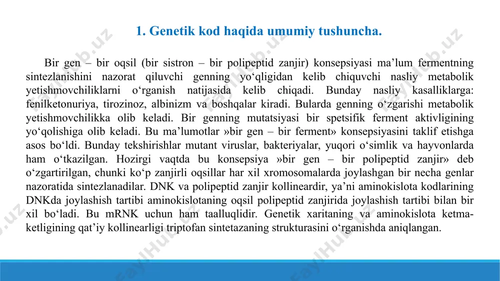 lmashish”) organizmlar genetik moddasining asos juftlaridagi oʻzgarishdir. mutatsiyaga hujayra boʻlinishi paytidagi genetik modda koʻchirilishi xatosi, ultrabinafsha yoki ionlashtiruvchi nurlanish, kimyoviy mutagenlar, viruslar yoki hujayra nazorati ostida roʻy beruvchi jarayonlar (masalan, gipermutatsiya) sabab boʻlishi mumkin. mutatsiy a aslida genetik materialning oʻzgarishlari hisoblanadi. organizmlarda kuzatiladigan mutatsiya ayrim hollarda zararli boʻlib organizmning qaysidir funksiyasining buzilishi bilan xarakterlanadi. xamirturush bilan oʻtkazilgan tadqiqotlar zararli mutatsiyalar jami (zararli, neytral va foydali) mutatsiyalarning 7-12% ini tashkil etishini koʻrsatdi. mutatsiyalar qayerda hosil boʻlishiga koʻra bir necha guruhlarga boʻlinadi. asosan gen, xromosoma, genom va sitoplazmatik mutatsiyalar kuzatiladi. mutatsiyalar hosil boʻlishida yuqorida aytilganidek bir qancha tashqi va ichki omillar sababchi boʻladilar. tabiatda mutatsiyalar doimo yuz beradi va ular evolutsiyaning birlamchi asosiy omili deb qaraladi. 4. molekulyar kasalliklar. “molekulyar patologiya” yoki molekulyar kasalliklar atamasi 1949 yilda poling tomonidan kiritilgan. molekulyar kasalliklar deganda asosiy sababi sifatida oqsillar funktsiyasining genetik buzilish holatlari tushuniladi. boshqacha aytganda molekulyar kasallik nuqsonli (to’liq yoki qisman funktsiyasini yo’qotgan) …