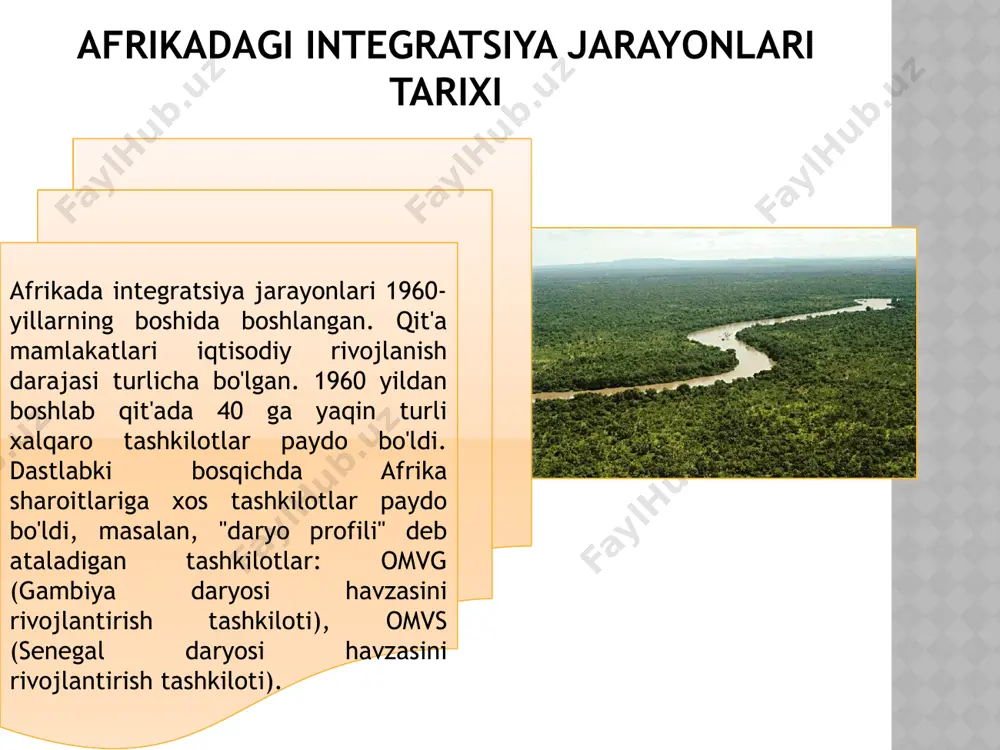 davlatlarining iqtisodiy hamkorligi (ecowas) ecowas 1975 yilda lagosda imzolangan shartnoma asosida tuzilgan. tashkilotga: benin, burkina-faso, kot-d'ivuar , kabo-verde orollari ( kabo) kiradi. verde ), gambiya, gana, gvineya, gvineya-bisau, liberiya, mali, mavritaniya, niger, nigeriya, senegal, syerra-leone, togo. bu yerdagi eng qudratli va iqtisodiy istiqbolli mamlakat nigeriya hisoblanadi. g'arbiy afrika davlatlarining iqtisodiy hamkorligi (ecowas) asosiy maqsad - g'arbiy afrikada iqtisodiy ittifoq tuzish. maqsadlar quyidagilardan iborat: aholi turmush darajasini oshirish, iqtisodiy barqarorlikka erishish, mintaqa aholisining ta'lim va madaniyatini oshirish. tashkilot faoliyati davomida quyidagi vazifalar bajarildi: · transport va energetika infratuzilmasini yaratish (temir yo'l liniyasi, avtomobil yo'li, gaz quvurini qurish); · o'q o'qotar qurollar va yengil qurollarni olib kirish, eksport qilish va ishlab chiqarishga moratoriy. g'arbiy afrika davlatlarining iqtisodiy hamkorligi (ecowas) kelajakda ecowasga a'zo mamlakatlar: · g'arbiy afrika davlatlari federatsiyasini tuzish; · yagona pasportni (yagona fuqarolik) joriy etish; · yagona valyuta “eko”ni joriy etish; · ta'lim diplomlarini standartlashtirish; · dengiz, quruqlik va baliqchilik infratuzilmasi …
