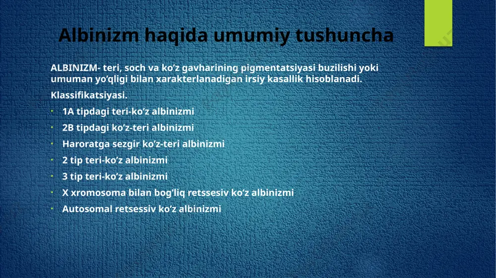 hi mumkin bo’lgan asoratlarni oldini olish uchun zarur – masalan, teri saratoni. albinizmni oftalmolog ko’pincha irisning shaffofligini aniqlaydi, kattalardagi bemorlarda ko’pincha makula hududida retinal gipoplaziya aniqlanadi. foveolyar refleks keskin kamayadi yoki umuman yo’q. to’liq bo’lmagan albinizmli odamlarda ko’z tubida depigmentatsiya o’choqlari ko’pincha topiladi. boshqa ko’rish buzilishlari ham topiladi – nistagm, astigmatizm, miyopiya. tashxisni tasdiqlash va patologiya turini aniqlash uchun genetik mutaxassis u bilan bog’liq bo’lgan genlarning ketma-ketligini belgilashi mumkin. shuningdek, irsiy tarixni yig’ish muhim rol o’ynaydi, bemorning qarindoshlarining genetik diagnostikasi nuqsonli genlarning tashuvchisini aniqlash mumkin. albinizmni tashxislashning noyob va qimmat usuli to’qimalarda (masalan, soch follikulalarida) tirozinaza faolligini aniqlashdir, ammo bu kasallikning prognozini biroz aniqlashtirishga imkon beradi. ushbu pigmentning faolligi to’qimalarda qanchalik yaxshi saqlanib qolsa, ushbu patologiyaning boshqa belgilarining og’irligi shunchalik past bo’ladi. albinizmning differentsial diagnostikasi shunga o’xshash teri va oftalmologik belgilar bilan birga keladigan boshqa irsiy patologiyalar bilan amalga oshirilishi kerak. avvalo, bu chediak-higashi va german-pudlak sindromlari, x-bog’langan ixtioz, mikroftalmiya, …