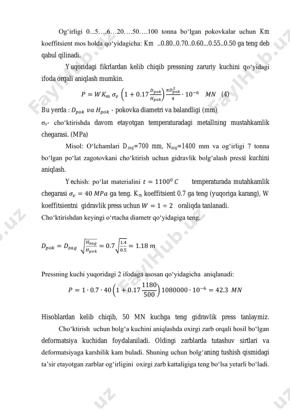 zagotovkani cho‘ktirish uchun gidravlik bolg‘alash pressi kuchini aniqlash. yechish: po‘lat materialini 𝑡 = 11000 𝐶 temperaturada mutahkamlik chegarasi 𝜎𝑣 = 40 𝑀𝑃𝑎 ga teng. km koeffitsient 0.7 ga teng (yuqoriga karang), w koeffitsientni gidravlik press uchun 𝑊 = 1 ÷ 2 oraliqda tanlanadi. cho‘ktirishdan keyingi o‘rtacha diametr qo‘yidagiga teng. 𝐷𝑝𝑜𝑘 = 𝐷𝑧𝑎𝑔 √ 𝐻𝑧𝑎𝑔 𝐻𝑝𝑜𝑘 = 0.7√ 1.4 0.5 = 1.18 𝑚 pressning kuchi yuqoridagi 2 ifodaga asosan qo‘yidagicha aniqlanadi: 𝑃 = 1 ∙ 0.7 ∙ 40 (1 + 0.17 1180 500 ) 1080000 ∙ 10−6 = 42.3 𝑀𝑁 hisoblardan kelib chiqib, 50 mn kuchga teng gidravlik press tanlaymiz. cho‘ktirish uchun bolg‘a kuchini aniqlashda oxirgi zarb orqali hosil bo‘lgan deformatsiya kuchidan foydalaniladi. oldingi zarblarda tutashuv sirtlari va deformatsiyaga karshilik kam buladi. shuning uchun bolg‘aning tushish qismidagi ta’sir etayotgan zarblar og‘irligini oxirgi zarb kattaligiga teng bo‘lsa yetarli bo‘ladi. ohirgi zarbda deformatsiya darajasi unchalik katta bo‘lmaydi (deformatsiyani doktrina darajasi tanlanadi ε.=0.025…0.06) aks …