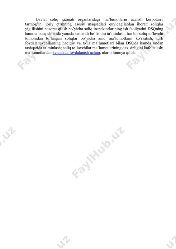 larining axborot tizimi avtomatlashtirilgan axborot tizimlari turkumiga kirib, uning asosiy vazifasi mamlakat miqyosida soliqqa oid umumlashtiruvchi axborotlarni saqlash, unga ishlov berish va qidirish hamda kompyuterlarda axborotlarni to’plash, tayyorlash va uzatish, shuningdek axborotni iste’molchiga chiqarib berish bilan bog`liq amallarni bajarishdan iborat. soliq tizimida axborot texnologiyalarining vazifasi soliq xizmati organlari oldiga qo’yilgan masalalarni hal etish uchun ishlab chiqilgan maxsus algoritmlar asosida to’langan soliqlar va yig`imlar tushumi haqida ma’lumotlar statistikasini olib borish va tegishli organlarga uzatish, tushumlar dinamikasini tahlil qilish, boshqaruv qarorlarini qabul qilish uchun tahliliy ma’lumotlarni berish, tahliliy ma’lumotlar asosida hisobotlar tayyorlash masalalarini yechishni ta’minlashdan iborat. soliq xizmati organlarida axborot tizimlari va texnologiyalarini joriy etishning maqsad va vazifalari soliq xizmati organlari bajaradigan funksiyalar, vazifalar, bir xildagi operatsiyalarni yangi dasturlar bilan imkoni boricha kengroq qamrab olishni ta’minlashdir, zero bu dasturlar soliq ma’lumotlariga ishlov berish jarayonini jadallashtirish, soliq inspektorlari ishining samaradorligini oshirish, ularning ishidagi bir tusdagi hisob-kitob va oxiri yo’q yozuvlar bilan ishlash yukini …