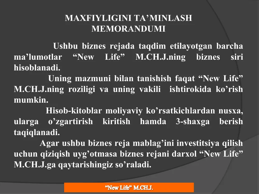 yat namangan shahrida o’z ish faoliyatini olib boradi. loyiha o’z o’zini qoplash muddati 36 oy garov ta’minoti uchun nexia 2 avtomobili qo’yiladi. biznes uchun kerakli capital № nomi summa (dona) o’z xisobidan kredit xisobidan 1 bino 1 500 000 1 500 000 x 2 dastgoh 22 000 000 x 22 000 000 3 hom-ashyo 3 000 000 x 3 000 000 4 xonani jihozlash 2 500 000 2 500 000 x 5 dastgohlarni olib kelib o’rnatish xarajatlari 1 000 000 1 000 000 x jami 30 000 000 5 000 000 25 000 000 swot taxlili kuchli tomonlari ushbu sohada tajribaning borligi, marketing va bugalteriya bilim va ko’nikmalari mavjudligi hamda sifatli mahsulotlar. faoliyatni olib borish uchun qulay hududda joylashgani. bu loyiha inovatsion salohiyatga egaligi, sababi viloyatda rasmli va logotipli salfetkalar ishlab chiqarilmasligi. kuchsiz tomonlar mablag’ni to’la ish boshlash uchun yetarli emasligi. imkoniyatlar mahsulotlarni respublikaning boshqa shaxar va tumanlarga etkazib berish …