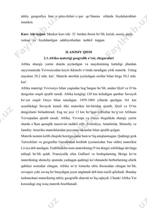 cha afria iborasidan olingan bo‘lib, sovuqsiz yoki sovuq bo‘lmaydigan joyni anglatadi deb ham taxlil qilishadi. bunday tushunchani materikning tabiiy geografik sharoiti to‘liq oqlaydi. chunki afrika yer kurasidagi eng issiq materik hisoblanadi. afrika g‘arbda va shimolda atlantika okeani va uning o‘rta dengizi bilan, sharqda va shimolisharqda hind okeani va uning qizil dengizi bilan chegaralanadi. shimol tomonda afrikaga yevrosiyoning pireney, apennin va bolqon yarim orollari, shimoli-sharqda arabiston yarim oroli juda yaqin joylashgan. shimoliy afrika, janubiy yevropa va janubiy osiyo bir-biriga yaqin bo‘lganligi uchun ularning o‘simliklari va hayvonot dunyosi ham ancha o‘xshash. afrika o‘zining geografik joylashishiga ko‘ra boshqa materiklar orasida alohida o‘rin tutadi. faqat afrikani ekvator deyarli o‘rtasidan kesib o‘tadi. uning shimoldagi va janubdagi eng chekka nuqtalari ekvatordan qariyb bir xil uzoqlikda joylashgan. eng shimoliy nuqtasi rasyengela burni (37° 20' sh.k.) bilan eng janubiy nuqtasi igolniy burni (34° 51' sh.k.) oralig‘i 8000 km ga teng. afrikaning eng keng joyi ekvatordan shimolda, 10° va …