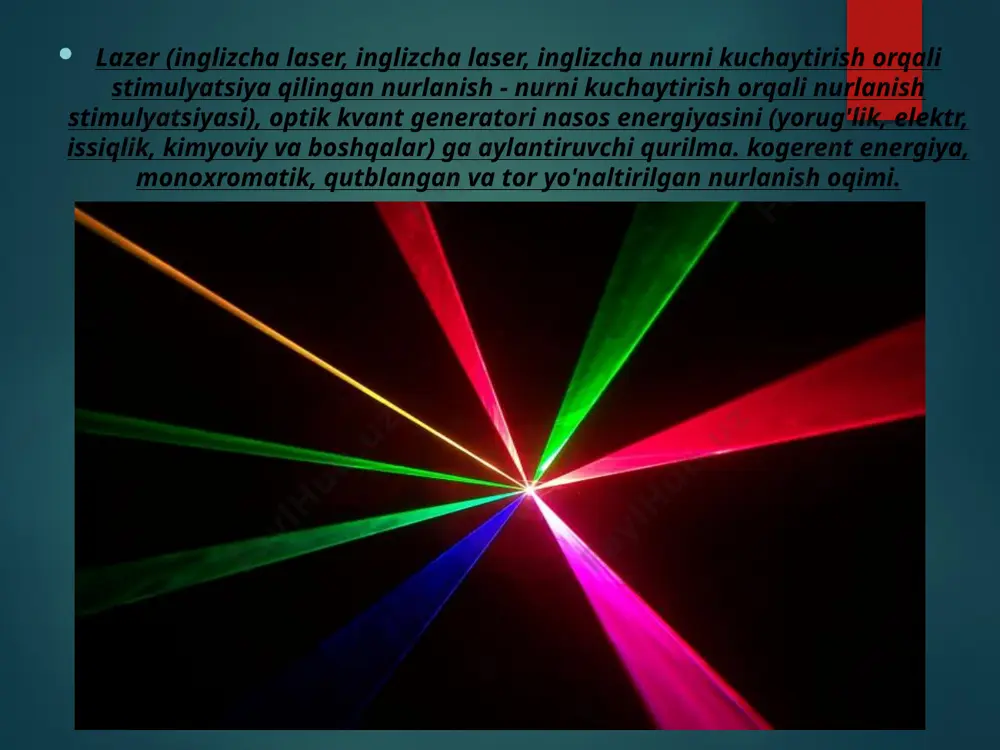 tlarning lazer diapazoni astronomik konstanta qiymatini aniqladi va kosmik navigatsiya tizimlarini takomillashtirishga hissa qo'shdi, atmosferaning tuzilishi va quyosh tizimi sayyoralari yuzasi haqidagi tushunchani kengaytirdi. atmosfera buzilishlarini tuzatish uchun moslashtirilgan optik tizim bilan jihozlangan astronomik teleskoplarda atmosferaning yuqori qismida sun'iy mos yozuvlar yulduzlarini yaratish uchun lazer ishlatiladi. ultrashort lazer impulslari lazer kimyosida kimyoviy reaktsiyalarni boshqarish va tahlil qilish uchun ishlatiladi. bu erda lazer nurlanishi aniq lokalizatsiya, dozalash, mutlaq sterillik va tizimga energiya kiritishning yuqori tezligini ta'minlash imkonini beradi. hozirgi vaqtda turli xil lazerli sovutish tizimlari ishlab chiqilmoqda va lazerlar yordamida boshqariladigan termoyadro termoyadroviy sintezini amalga oshirish imkoniyatlari ko'rib chiqilmoqda (termoyadroviy reaktsiyalar sohasidagi tadqiqotlar uchun eng mos lazer ko'rinadigan qismning ko'k qismida joylashgan to'lqin uzunliklaridan foydalanadigan lazer bo'ladi. spektr). lazerlar, shuningdek, harbiy maqsadlarda, masalan, yo'l-yo'riq va mo'ljalga olish vositasi sifatida ishlatiladi. yuqori quvvatli lazerlar asosida havo, dengiz va quruqlikdagi tizimlarni himoya qilishning jangovar tizimlarini yaratish variantlari ko'rib chiqilmoqda. tibbiyotda lazerlar qonsiz skalpel …