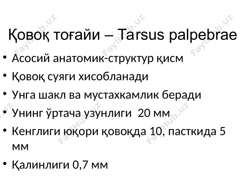 ости тўқимада йўқолади хаммаси қўшилиб узуксимон мембранани хосил қилади кўз олмаси тагида хам қалин фасциа тортмаси бўлиб,локвуд боғлами олмани кўтариб туради кўз косаси қон билан таъминланиши ички уйқу артериясидан кўз артерияси тармоқ олади ва қуйидаги тармоқларни беради кўз ёш артерияси(a.lacrimalis) қовоқ ички юқори ва пастки артерияси(a.palpebralis medialis superior et inferior) пешона артерияси(a.frontalis) бурун тўсиғи артерияси(a.nasalis dorsi) орбита юқори артерияси(a.supra orbitalis) ғалвирсимон артерия(a.ethmoidalis) кўз косаси веналари:vena ophtalmica superior et inferior орқали йиғилиб юқори кўз ёриғи орқали ўтиб sinus cavernosus га қуйилади нерв билан иннервацияси уч шохли нервнинг n.ophtalmicus шохи fissura orbitalis superior дан ўтиб 3та тармоқ беради. -n.lacrimalis -n.nasociliaris -n.frontalis кўрув анализатори қабул қилувчи қисмларига-тўр парда рецепторлари,кўрув нерви,ўтказувчи қисм,бош мия пўстлоғи энса қисми тўр парда нерв йўллари 3та нейрон занжиридан иборат биринчи нейрон- бу таёқчасимон ва колбасимон кўрув хужайралар иккинчи – биполяр нейроцитлар учинчи – ганглиоз нейроцитлар, кўрув нерви дискида йиғиладиган ва кўрув нерви таркибига кирадиган марказий ўсиқчалар. кўрув нерви медиал …