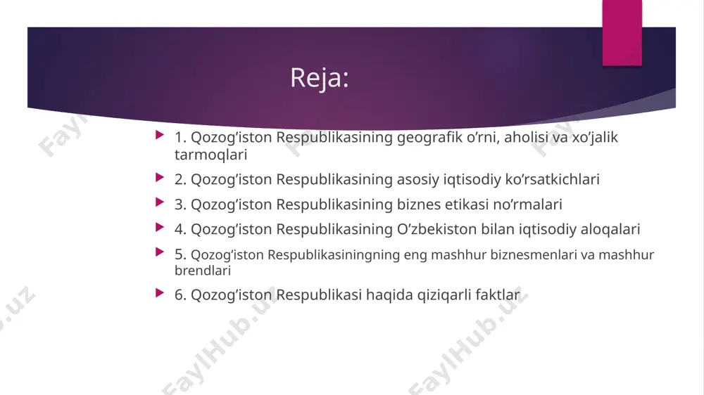 rezident (2019-yil apreldan qosim-joʻmart toqayev), u umumiy, teng va toʻgʻridan-toʻgʻri saylov huquqi asosida yashirin ovoz berish yoʻli bilan 5 yil muddatga saylanadi, qonun chiqaruvchi hokimiyatni 2 palatali parlament (senat va majlis), ijroiya hokimiyatni bosh vazir boshchiligidagi hukumat amalga oshiradi. qozogʻiston 14 ta viloyatdan va 3 ta respublika ahamiyatiga ega shaharlardan iborat. пользователь windows (пw) - transportida temir yoʻllar uzunligi 13,5 ming km, avtomobil yoʻllari uzunligi 87,4 ming km. kaspiy va orol dengizlari, balxash, irtish, ural, sirdaryo daryolarida kema qatnaydi. truboprovod transporti rivojlangan. „air kazakhstan“ havo yoʻllari kompaniyasi mavjud qozogʻiston agrar partiyasi, 1999-yil yanvarda tuzilgan; fuqarolik partiyasi, 1998-yil noyabrda asos solingan; qozogʻiston demokratik partiyasi, 2004-yil aprelda tashkil etilgan; aq jol (oq yoʻl) demokratik partiyasi, 2002-yil martda tuzilgan; qozogʻiston „aul“ („qishloq“) sotsial-demokratik partiyasi, 2000-yil yanvarda asos solingan; xalq kommunistik partiyasi, 2004-yil aprelda tashkil etilgan; qozogʻiston kommunistik partiyasi, 1991-yil tuzilgan; „qozogʻistonning demokratik tanlovi“ xalqpartiyasi, qozogʻiston davlatining iqtisodiyoti — mutlaq va aholi jon boshiga …