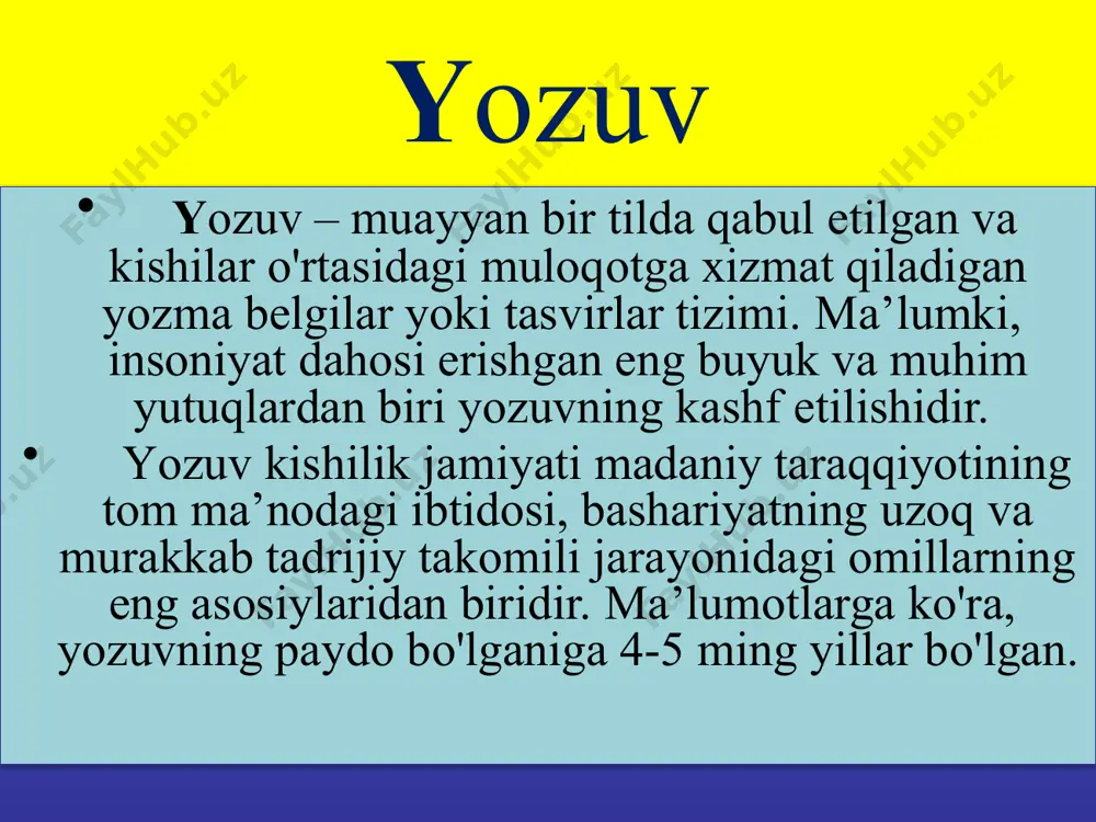 i o‘qita olar edi. maktabda faqat o‘g‘il bolalar o‘qitilardi. o‘qish muddati 5-yildan 17-yilgacha bo‘lgan. ta’limning asosiy maqsadi yozuv san’ati va matematik hisob-kitobni yaxshi biladigan amaldorlarni tayyorlash bo‘lgan. rasskaz uchitelya. maktabda o‘qitish jarayoni qadimgi misrdagi maktablarning shiori quyidagicha bo‘lgan: «bolaning qulog‘i orqasida bo‘ladi, shunga ko‘ra u eshitishi uchun orqasiga urish kerak». bu shiorga nima deysiz? ? dastlab o‘quvchilar singan chinni idishlarga yozishgan. faqatgina yozuv san’atini yashxi egallagan katta yoshdagi o‘quvchilarga papirus ishonib topshirilar edi fonografik yozuv fonografik (grekcha phone - tovush, grapho - yozaman) yozuv turi jamiyat taraqqiyoti natijasida shakllandi. bunday fonografik yozuv tilni nafaqat grammatik tuzilishini, balki uning fonetik tuzilishini, ya’ni so'zning tovush tarkibini ham aks ettirar edi. fonografik yozuv ikki turga bo'linadi: bo'g'in yozuvi hamda harf-tovush yozuvi. bo'g'in yozuvi qo'shma so'zlarni mayda qismlarga ajratish yo'li bilan paydo bo'ldi. bu mayda qismlar hozirgi vaqtdagi bo'g'inlarga to'g'ri keladi. bu yozuv turiga qadimgi hind yozuvi hisoblangan devanagari misol bo'la oladi. devanagarida 50 …
