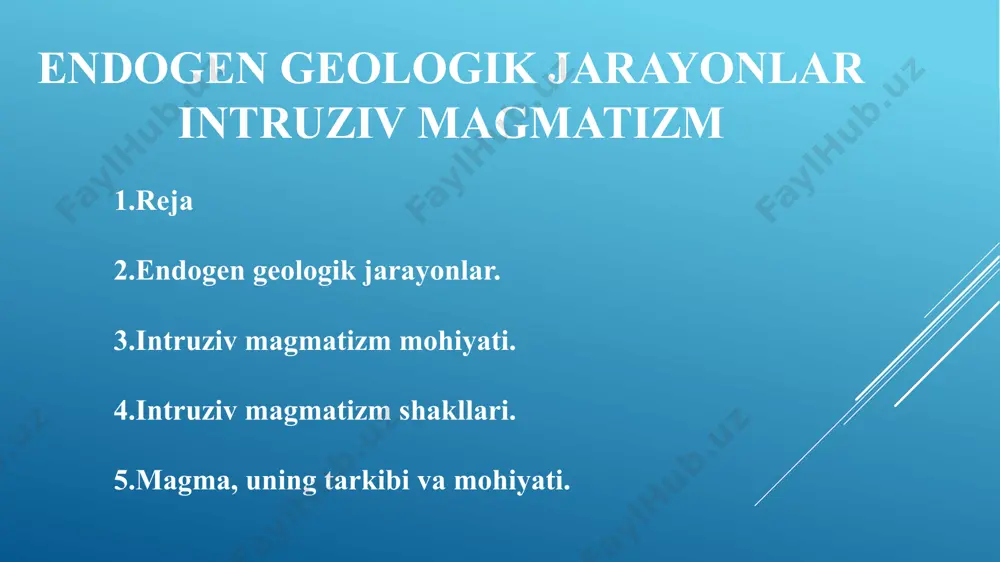 rmalarda harakti va sovishi aynan bir jarayonning o’zidir. yer qa'ridagi magmatizim–intruziv yer yuzasidagi–effuziv magmatizm deyiladi. yerning chuqir qa'rida materiyaning rivojlanishidan ajralayotgan energiya hisobiga boruvchi jarayonlar ichki yoki endogen jarayonlar deyiladi endogen jarayonlarning yer qaridagi materiyaning bir formadan boshqa formaga o’tishda uning harakati va bo’linishi natijasida yuzaga keladigan magnitizm, metamorfizm va deformatsiya ko’rinishlarida shakilanada. bu jarayonlarning harakteri va intensivligi borasida so’z borganda bevosita uning otilayotgan vulkan, zilzila, yoriq va boshqa deformatsiyalarning yer yuzasidagi shakillanishini kuzatish lozim. endogen jarayonlarda materiyaning bo’linishi foydali qazilmalarni juda muhim guruhlarini shakillanishiga (ko’pchilik metall rudalarni, slyo’dalarni, qimmatbaho toshlarni va boshqalarni), shuningdek stihiyali fojia ko’rinishlarini keltirib chiqaradi, qaysiki ularni o’rganish ular bilan bog’liq bo’lgan fojialar haqida oldindan ogohlantirish imkonini beradi. shuning uchun endogen jarayonlarni o’rganish faqatgina ilmiy ahamiyatga ega bo’lmasdan balki amaliy ahamiyatga ham ega. endogen jarayonlar chuqur yer qaridan chiqayotgan magmaning shakilanishi va uning yer yuzasiga chiqishi hisobiga yer tarkibini va shaklini o’zgartiradi. relyef ham chuqur magmatik …