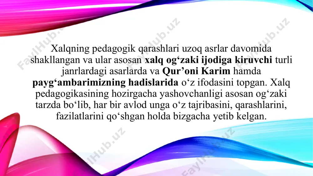 qarashlari tag-zaminida to‘rt unsurni asrash, avaylash, ya’ni ekologik tarbiyani anglash qiyin emas. xalq bisotidagi eng yaxshi tabarruk so‘zlar – duo-olqishlar ham tarbiyaga qaratiladi. darvoqe, xalq an’anaviy pedagogikasida yaxshi so‘z, duo-olqishning ta’sir kuchi, tarbiyaviy ahamiyati, inson ma’naviy ustuvorligi, iymon-e’tiqod butunligi, qisqasi kishilarning har tomonlama mukammal kamoloti borasida tutgan o‘rni va roliga alohida ahamiyat beriladi. el-yurt uchun har tomonlama mukammal insonni tarbiyalashga qaratilgan o‘zbek xalq pedagogikasi ham ayrim shaxslar yohud bir-ikki jamoa (ular qanchalik iqtidorli-iste’dodli bo‘lishmasin) tomonidan yaratilmagan, albatta. uni xalqimiz asru asrlar bilan o‘lchanuvchi hayotida o‘zining boy hayotiy tajribalari, farzandlar kamoloti borasida tutgan tutimlari, sa’y-harakatlari, yo‘l-yo‘riqlari, aql-zakovatlari bilan yaratgan. ayni choqda o‘zbek xalq pedagogikasi o‘z rivojida, boyib, mukammallashib borishida ilm-fanning boshqa sohalaridan, ya’ni mumtoz adabiyot, san’at, og‘zaki ijod, elshunoslik, udumshunoslik, qadrshunoslik, odatshunoslik, ruhshunoslik kabi sohalar bag‘rida shakllanib, ular bilan bevosita aloqada bo‘ladi, eng yaxshi namunalarini o‘ziga qabul qilib oladi... shunday qilib, o‘zbek xalq pedagogikasi turkiy xalqlar - ota-bobolarimiz uzoq moziyda yaratgan …
