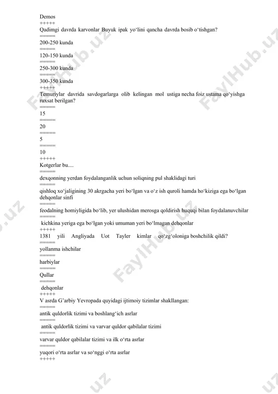 larning qaysi biri feodalizm tarixini davrlashtirish turkumiga kirmaydi: ===== ilk o‘rta asrlar v-ix asrlar ===== boshlang‘ich asrlar v-ix asrlar ===== yuqori o‘rta asrlar x-xiii asrlar ===== so‘nggi o‘rta asrlar xiv-xvii asrlar +++++ ilk o‘rta asrlarda ... ===== qishloq xo‘jaligida ish qurollarining takomillashishi ro‘y berdi ====== minglab shaharlar paydo bo‘ldi va ularning ko‘pchiligi o‘zini-o‘zi boshqarishga o‘tdi ===== er yuqori tabaqa vakillari o‘rtasida taqsimlanishi yuzaga kela boshladi ===== dehqonlarning shaxsiy ozodlikka erishishi jarayoni ro‘y bera boshladi +++++ yuqori o‘rta asrlarda ... ===== minglab shaharlar paydo bo‘ldi va ularning ko‘pchiligi o‘zini-o‘zi boshqarishga o‘tdi ===== er yuqori tabaqa vakillari o‘rtasida taqsimlanishi yuzaga kela boshladi ===== ilk kapitalizmning alomatlari paydo bo‘ldi ===== dehqonlarning shaxsiy ozodlikka erishishi jarayoni ro‘y bera boshladi +++++ so‘nggi o‘rta asrlarda ... ===== ilk kapitalizmning alomatlari paydo bo‘ldi ===== minglab shaharlar paydo bo‘ldi va ularning ko‘pchiligi o‘zini-o‘zi boshqarishga o‘tdi ===== er yuqori tabaqa vakillari o‘rtasida taqsimlanishi yuzaga kela boshladi ===== qishloq xo‘jaligida …