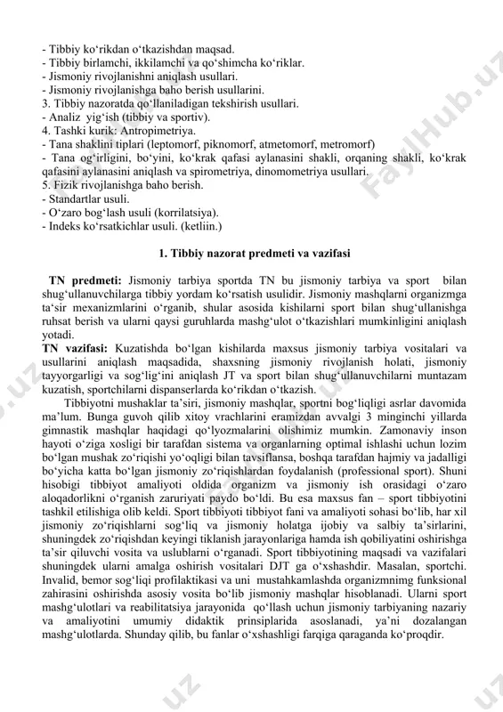va amaliyoti sohasi bo‘lib, har xil jismoniy zo‘riqishlarni sog‘liq va jismoniy holatga ijobiy va salbiy ta’sirlarini, shuningdek zo‘riqishdan keyingi tiklanish jarayonlariga hamda ish qobiliyatini oshirishga ta’sir qiluvchi vosita va uslublarni o‘rganadi. sport tibbiyotining maqsadi va vazifalari shuningdek ularni amalga oshirish vositalari djt ga o‘xshashdir. masalan, sportchi. invalid, bemor sog‘liqi profilaktikasi va uni mustahkamlashda organizmnimg funksional zahirasini oshirishda asosiy vosita bo‘lib jismoniy mashqlar hisoblanadi. ularni sport mashg‘ulotlari va reabilitatsiya jarayonida qo‘llash uchun jismoniy tarbiyaning nazariy va amaliyotini umumiy didaktik prinsiplarida asoslanadi, ya’ni dozalangan mashg‘ulotlarda. shunday qilib, bu fanlar o‘xshashligi farqiga qaraganda ko‘proqdir. tibbiy nazorat sport tibbiyotining asosiy bo‘limi hisoblanadi. uning vazifasiga jismoniy tarbiya va sport bilan shug‘ullanuvchi shaxslarni doimiy tanlash, tibbiy tekshiruv hamda kuzatish kiradi. tibbiyot nazoratni tashkil etish prinsiplari jismoniy tarbiya bilan shug‘ullanuvchi va sportchilarni tibbiy ta’minlash bo‘yicha yo‘naltiruvchi va tartibga solish ishlarini boshqaruvchi asosiy maxsuslashgan muassasa bo‘lib tibbiy jismoniy tarbiya dispanseri hisoblanadi (tjtd). birinchi tjtdlar 1951 yilda paydo bo‘lib, …