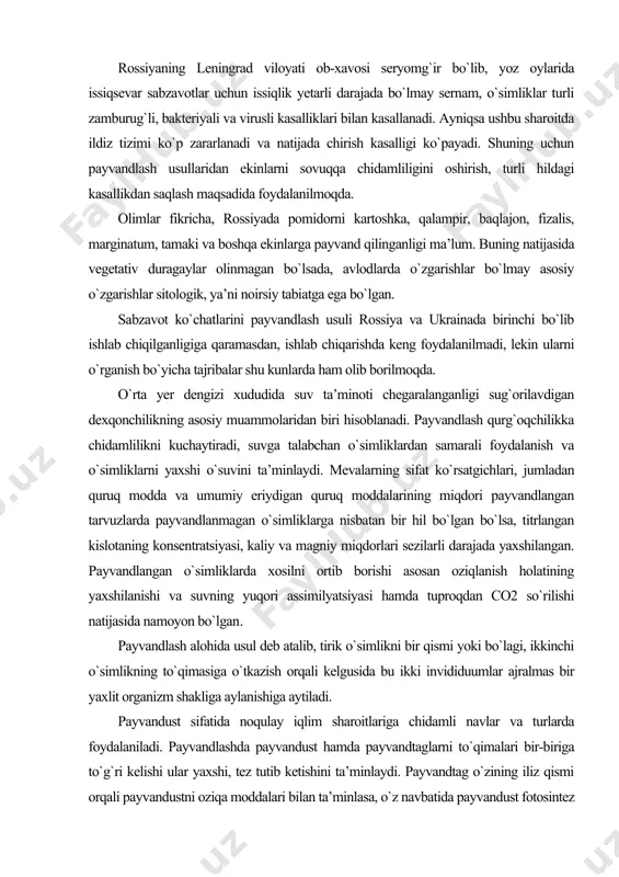 tag o`zining iliz qismi orqali payvandustni oziqa moddalari bilan ta’minlasa, o`z navbatida payvandust fotosintez jarayonida barglarda hosil bo`lgan organik moddalarni o`simliklarni barcha a’zolariga taqsimlaydi, shuning uchun xam ular chambarchas bog`liqdir. ko`chatlarni payvandlash- o`simliklarni noqulay iqlim sharoitlariga chidamligini oshiradigan hamda o`simliklarni ko`paytirish usullaridan biridir. bu usulni sabzavot ekinlari uchun faqat xx asrda ishlab chiqilidi va undan foydalanish boshlandi. payvandlashda o`simliklarni bo`laklarini bir-biriga birlashtirish orqali to`qimalarni regeneratsiya (to`qimalarni qayta tiklash) natijasida ular yaxlit bir o`simlik bo`lib shakllanadi. bunda kombinatsiyalangan o`simlikning ildiz sistemasini rivojlantiradigan qismi «payvandtag», unga biriktiriladigan qismi esa «payvandust» deb yuritiladi. sabzavot ko`chatlarini tayyorlashda payvandtagni ta’siri natijasida payvandustni o`sish hamda rivojlanishi jadallashib, maxsulot sifati hamda hosildorligi ortadi bu bilan geterozis holati kuzatilishi takidlangan. olimlarning fikricha,ochiq maydonda yetishtirilgan yaxshi rivojlangan ildiz sistemasiga ega bo`lgan ekin turlardan, jumladan: qovoq, bodring, qovun, tarvuz, pomidor va baqlajon ekinlaridan payvandtag sifatida foydalanish natijasida yuqori va barqaror hosil berishi aniqlangan. pomidorni ko`chatini tayyorlashda qimmatli navlarini noqulay bo`lgan …