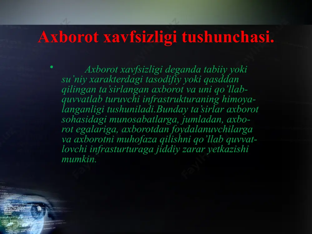 atlari va erkinligi to’g’risida”gi qonun -”axborot erkinligi prinsiplari va kafolatlari to’g’risida”gi qonun -”elektron hujjat aylanishi to’g’risida”gi qonun; -”elektron raqamli imzo to’g’risida”gi qonun; -”elektron tijorat to’g’risida”gi qonun -o’zbekiston respublikasi prezidentining farmonlari va qarorlari; -o’zbekiston respublikasi vazirlar mahkamasining qarorlari; -axborotni muxofaza qilish sohasidagi vazirlik,muassasa,agentlik va xo’jaliklarning boshqa huquqiy aktlari. e’tiboringgiz uchun rahmat!!! image2.jpeg image3.jpg image4.jpg image5.jpg image6.jpg image7.jpg image8.jpg image9.jpg image1.jpeg