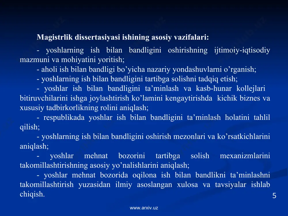 108,9 112,0 jizzax 582,3 601,1 622,2 636,1 675,2 92,9 115,9 qashqadaryo 1345,4 1395,8 1438,3 1481,7 1568,9 223,5 116,6 navoiy 501,6 509,8 527,3 532,1 537,1 35,5 107,0 namangan 1207,0 1246,5 1288,2 1328,5 1432,8 225,8 118,7 samarqand 1617,0 1672,2 1725,8 1782,1 1900,2 283,2 117,5 sirdaryo 390,3 401,9 407,8 415,5 430,9 40,6 110,4 surxondaryo 1057,7 1096,5 1133,5 1172,9 1246,5 188,8 117,8 toshkent 1447,4 1477,9 1499,3 1518,2 1564,6 117,2 108,0 farg’ona 1617,5 1667,2 1720,1 1769,3 1897,1 279,6 117,2 xorazm 823,3 847,7 874,1 892,8 922,4 99,1 112,0 toshkent sh. 1446,9 1461,5 1508,8 1533,6 1524,2 77,3 105,3 respublika bo’yicha 15219,6 15644,9 16123,6 16504,2 17309,8 2090,2 113,7 www.arxiv.uz 2-jadval o’zbekiston respublikasida ish bilan band aholi soni dinamikasi (ming kishi hisobida) manba: samarqand viloyat davlat statistika bosh boshqarmasi ma’lumotlari asosida tuzilgan. * www.arxiv.uz hududlar y i l l a r 2011 yilda 2007 yilga nisbatan o’zgarishi 2007 2008 2009 2010 2011 +;- foiz qoraqalpog’iston respublikasi 551,1 561,1 566,1 …