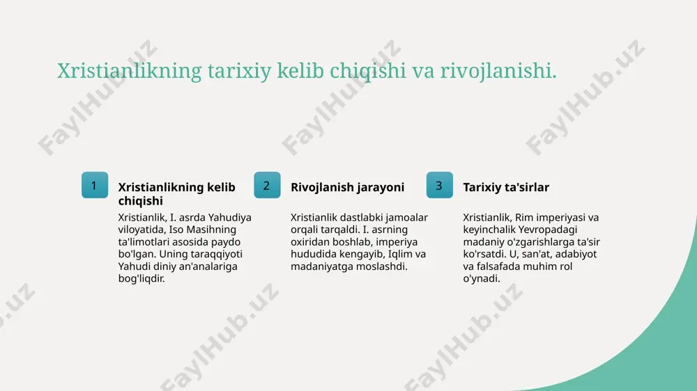 mon roli imon, xristianlikda najotga erishish uchun muhimdir. yuzaga keladigan imon orqali, insonlar xudoning rahmatiga va najotga erishadilar. 3 najot va hayot najot, xristianlikda nafaqat ruhiy, balki jismoniy hayotga ham ta'sir qiladi. bu, ma'naviy o'sishga va yaxshilikka intilishning asosidir. xristianlikning axloqiy qadriyatlari va ularning zamonaviy jamiyatdagi ta'siri. 1 xristianlikning qadriyatlari - xristianlikning axloqiy qadriyatlari, sevgi, rahm-shafqat va adolatga asoslangan bo'lib, insonlar o'rtasida tinchlik va hamjihatlikni ta'minlashga qaratilgan. 2 zamonaviy jamiyatga ta'siri - xristianlik qadriyatlari, zamonaviy jamiyatda ijtimoiy adolat va inson huquqlari himoyasini mustahkamlab, turli o'zgarishlarga ilhomlantirmoqda. 3 xristianlik va madaniyat - xristianlik axloqiy qadriyatlari, san'at va adabiyotga chuqur ta'sir ko'rsatgan, ularni boyitib, insoniyatning madaniy merosini shakllantirgan. xristianlikning turli kelib chiqishlaridagi gʻoyalar va ularning o'zaro aloqasi. xristianlikning kelib chiqishi xristianlik, miloddan avvalgi i asrda yahudiya hududida paydo bo'lgan. dastlab, iso masihning ta'limotlariga asoslangan kichik jamoalar sifatida rivojlandi. xristianlik va boshqa dinlar xristianlik, yahudiylikdan ko'plab g'oyalarni olgan, ammo o'ziga xos tushunchalar bilan …