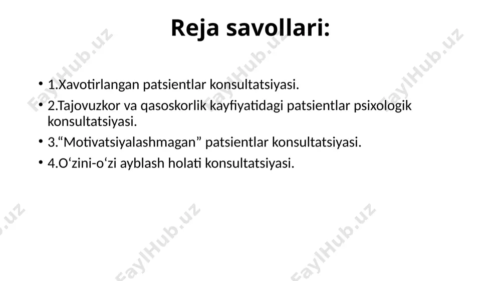. bu aslida ham nomaqbul bo’lgan fi­krlar, tuygular, axloqni oqlovchi himoya mexanizmi. ratsio­nalizatsiya o’z-o’ziga hurmatni saqlab qolish, javobgarlik va aybdorlikdan qochishda yordamlashadi. ratsionalizatsiya shunisi bilan xavfliki, unda o’z-o’zini aldashning kattagina ulushi mavjud. 6.intellektualizatsiya. bu xissiy kechinmalar va tuy­g’ularni bartaraf etish maqsadida intekllektual imkoniyatlardan bo’rttirilgan foydalanishni ko’zda tutuvchi himoya mexanizmi. intellektualizatsiya tuyg’ularni boshdan kechirishni ular tug’risida fikrlashga almashtiradi. 7.kompensatsiya. bu real va tasavvurdagi kamchiliklarni yengishga ixtiyorsiz urinishdir. 8.reaktiv shakllanish. bu himoya mexanizmi anglash uchun nomaqbul istaklarni ortik darajada usib ketgan, qaramaqarshi tendentsiyalarga almashtiradi. 9.inkor etish. bu ongli darajada nomakbul bulgan fikrlar, tuygular, istaklar, extiyojlarni inkor etish me­xanizmi, ko’pincha inkor etishdan inqirozli vaziyatlar (tuzatib bo’lmas kasal, yaqin odamini yo’qotish) vaqtida foydalaniladi. 10.ko‘chirish. bu hissiyotlarni bitta ob’ektdan ancha maqbul o’rnini bosuvchi ga yo’naltirish mexanizmi. masalan, tajovuzkor tuyg’ularni ish beruvchidan oila a’zolariga ko’chirish, mijozga ichidagilarini aytib olish va uz xavotirini ifodalashiga imkon berish juda muhim. konsultant tushunish va chidamlilikni namoyish etishi zarur. mijozning ichki …