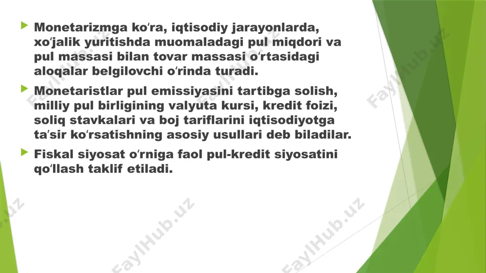 burlash mumkin emas; iqtisodiyotning real resurslari (mehnat, kapital va tabiiy resurslar) to'liq bandlik holatida foydalanilgandan so'ng tezlashadigan inflyatsiya tufayli pul yaratilishi va xaridlari cheklangan; talab inflyatsiyasini nazorat qilish uchun avtomatik stabilizatorlarni kuchaytirishni tavsiya qiladi ixtiyoriy soliq o'zgarishlariga tayanmaslik; obligatsiyalarni moliyalashtirish vositasi sifatida emas, balki pul-kredit siyosati vositasi sifatida chiqaradi. mmtning birinchi to'rtta qoidasi pul yaratilishi va inflyatsiya qanday ishlashi haqidagi asosiy iqtisodiyot tushunchasiga zid emas. biroq, mmt iqtisodchilari hukumat taqchilligining foiz stavkalariga ta'siri to'g'risidagi beshinchi qoida haqidagi asosiy iqtisodiyotga qo'shilmaydilar. xulosa xulosam shundan iboratki monetarizm siyosatini yuritishda asosan xo’jalik yuritishdagi muomiladagi pul miqdori va pul massasi bilan tovar massasi o’rtasidagi aloqalarni belgilash va shu jumladan ularni xisob kitobi bilan shug’ullanish ushbu monetaristic siyosatda asosiy o’rnida turishi zarur. shu jumladan xo’jalik yuritishdagi va boshqa bir qator chora tadbirlarni yo’lga qo’yishdagi pul emissiyasini xisobga olgan xolda jarayonlarni amalga oshirish muhim omillarda xisoblanishi kerak foydalanilgan adabiyotlar https://www.google.com/search?q=monetarizm&oq=&aqs=chrome.0.69i59i450l8.15754128j0j7&sourceid=chrome&ie=utf-8 https://uz.wikipedia.org/wiki/bosh_sahifa. https://dutyfree58.ru/uz/sushchnost-monetarizma-osnovnye-polozheniya-ekonomicheskoi-teorii/ https://www.banki.ru/wikibank/monetarizm/ https://imlo.uz/word/monetarizm image1.jpg image2.jpeg …