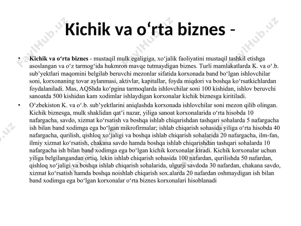 an miqdori va tarkibi tushuniladi. iqtisodiy integrasiya– qo’shni va xorijiy davlatlarning mikro va makro darajadagi barqaror iqtisodiy aloqalar asosida yagona xo’jalik yuritish kompleksiga o’zaro qorishib ketishi, jipslashishi. iqtisodiyotning real sektori – iqtisodiyotning bevosita moddiy ne’matlar ishlab chiqarish va xizmatlar ko’rsatish bilan bog’liq sohasi bo’lib, u o’z ichiga sanoat, qishloq xo’jaligi, qurilish, transport, aloqa tarmoqlarini oladi. investisiya – bu iqtisodiy samara (foyda, daromad) olish yoki ijobiy ijtimoiy natijaga erishish uchun sarflanadigan pul mablag’lari, banklargaa qo’yilgan omonatlar, paylar, qimmatli qog’ozlar (aksiya, obligasiyalar), texnologiyalar, mashinalar asbob-uskunalar, lisenziyalar va samara beyeradigan boshqa har qanday boyliklardir. inflyasiya – pul muomalasi qonuniyatlarining buzilishi bilan bog’liq holda qog’oz pullarning qadrsizlanishi va buning oqqibatida narx-navoning o’sishi. konsorsium – bu aniq iqtisodiyo loyihalarni amalga oshirishni maqsad qilgan korxonalarning muvaqqat birlashmasi. konsern – bu ishlab chiqarish diversifikasiyasi, ya’ni korxonalarning faoliyat sohalari va ishlab chiqaradigan mahsulotlari turining kengayishi, yangilanib turishi asosida tarkib topadigan yirik ko’p tarmoqli korporasiya. kichik biznes subyektlari – …