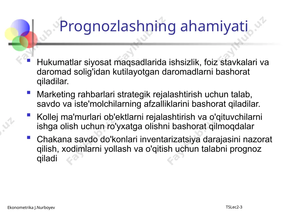 dagi buyurtmalar bazaviy yil buyurtmalarining 120% ni tashkil etdi indeks raqamlari: talqin ekonometrika j.nurboyev tslec2-17 umumiy narxlar indekslari jamlangan indeks uchun elementlar guruhi bazaviy davrdan o'zgarish tezligini o'lchash uchun ishlatiladi umumiy narxlar indekslari vaznsiz umumiy narxlar indeksi og'irlangan jami narxlar indekslari ekonometrika j.nurboyev tslec2-18 og'irlanmagan umumiy narxlar indeksi og'irlanmagan umumiy narx indeksi formulasi: qayerda it= t vaqtidagi tortilmagan umumiy narx indeksi pt= t vaqtdagi tovarlar guruhi uchun narxlar yig'indisi p0= bazis davrdagi ob'ektlar guruhi uchun narxlar yig'indisi ekonometrika j.nurboyev tslec2-19 2004 yilda birlashgan xarajatlar 2001 yilga nisbatan 2004 yilda 18,8 foizga ko'p bo'ldi. avtomobil xarajatlari: oylik summalar ($): yil lizing to'lovi yoqilg'i ta'mirlash jami indeks(2001=100) 2001 yil 260 45 40 345 100,0 2002 yil 280 60 40 380 110.1 2003 yil 305 55 45 405 117.4 2004 yil 310 50 50 410 118.8 og'irlanmagan jami narxlar indeksiga misol ekonometrika j.nurboyev tslec2-20 umumiy narxlar indekslari paasche indeksi qt= og'irlik ulushi da …