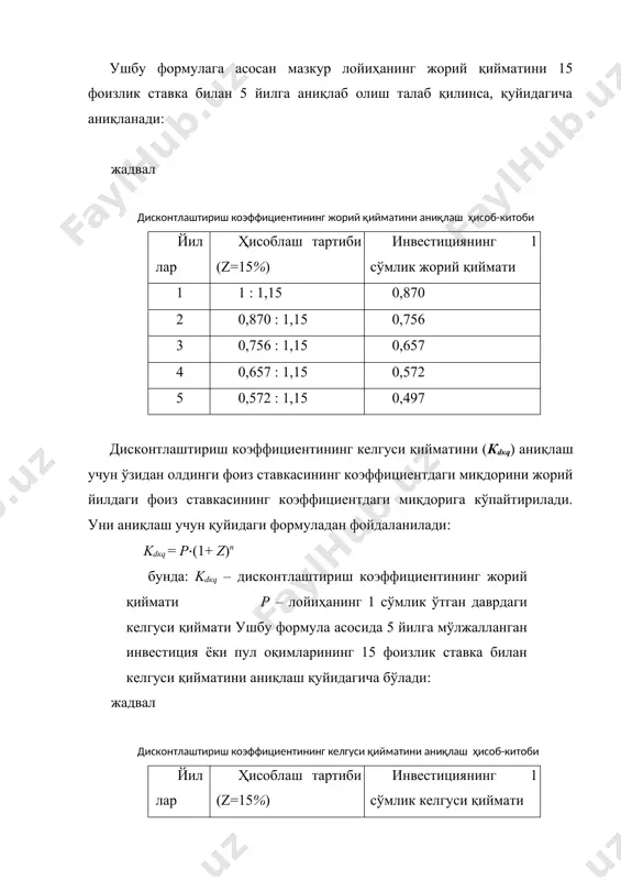 нг тарқалган бўлиб, бу лойиҳани инвестициялаш орқали корхона бойлиги ўсишига олиб келадими, деган саволга жавоб берса-да, бундай ўсишнинг нисбий ўлчамлари ҳақида ҳеч қандай маълумот бермайди. бу камчиликни тўлдириш учун бошқа бир кўрсаткич, яъни инвестициялар рентабеллигини ҳисоблаш усулидан фойдаланилади. инвестициялар рентабеллиги - ri қилинган ҳар бир сўм инвестицияга қандай даражада фойда олинганлигини ёки инвесторнинг мулки қанчага кўпайганини ифодалайдиган кўрсаткичдир. кўп ҳолларда фойда меъёри, дейиладиган бу кўрсаткич қуйидаги формула ёрдамида аниқланади: ri = (1+ptz)n  : ib агар узоқ муддатли харажатлар ёки узоқ муддатли тушумлар ҳолати бўлса, бунда қуйидаги формуладан фойдаланилади: pt i ri = (1+ z )n : (1+ bz )n юқоридаги мисолдан фойдаланиб, лойиҳанинг рентабеллик даражасини аниқлаймиз: ri  (1+ 0,15)  % бунда лойиҳа учун сарф этилган ҳар бир сўм 0,087 сўм ёки 8,7 % соф жорий даромад олиб келмоқда. ушбу формуладан кўриниб турибдики, унда соф жорий қийматнинг икки томони – даромад ва инвестиция томони ўзаро таққосланади. агар дисконтнинг …