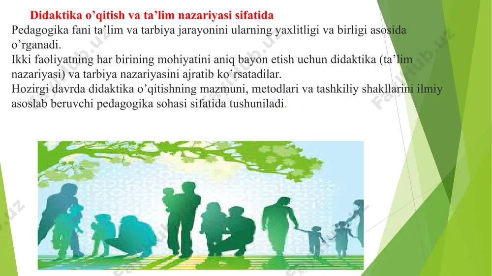 unchani buyuk chex pedagogi yan amos komenskiy (1592— 1670-yillar) «buyuk didaktika» (1657-yil) nomli mashhur asarida tilga oladi. lekin komenskiy «didaktika bu faqat ta’limgina emas, balki tarbiyalash ham», deb ta`kidlaydi didaktika, uning asosiy kategoriyalari. didaktikaning asosiy kategoriyalari va didaktik tushunchalar tizimi. muayyan fanga xos bo’lgan tushunchalarda insoniyat tomonidan ijtimoiy taraqqiyot jarayonida to’plangan bilimlar aks etadi. mavjud ilmiy tushunchalar ikki asosiy guruhga ajratiladi: falsafiy tushunchalar; xususiy ilmiy, ya`ni, muayyan fangagina xos bo’lgan tushunchalar. didaktika uchun «umumiy va alohida», «mohiyati va hodisa», «qarama-qarshilik», «bog’liqlik» kabi falsafiy tushunchalar ham muhim ahamiyatga ega. didaktikada qo’llaniladigan umumiy-ilmiy tushunchalar orasida «tizim», «tuzilma», «vazifa», «element» kabilar alohida o’rin tutadi. pedagogikaga xos didaktik tushunchalar sirasiga quyidagilar kiradi: 1) ta’lim — o’quvchilarga nazariy bilimlarni berish asosida ularda amaliy ko’nikma va malakalarni shakllantirish, ularning bilish qobiliyatlarini o’stirish va dunyoqarashlarini tarbiyalashga yo’naltirilgan jarayon; 2) dars — bevosita o’qituvchi rahbarligida muayyan o’quvchilar guruhi bilan olib boriladigan ta’lim jarayonining asosiy shakli; 3) bilim olish …