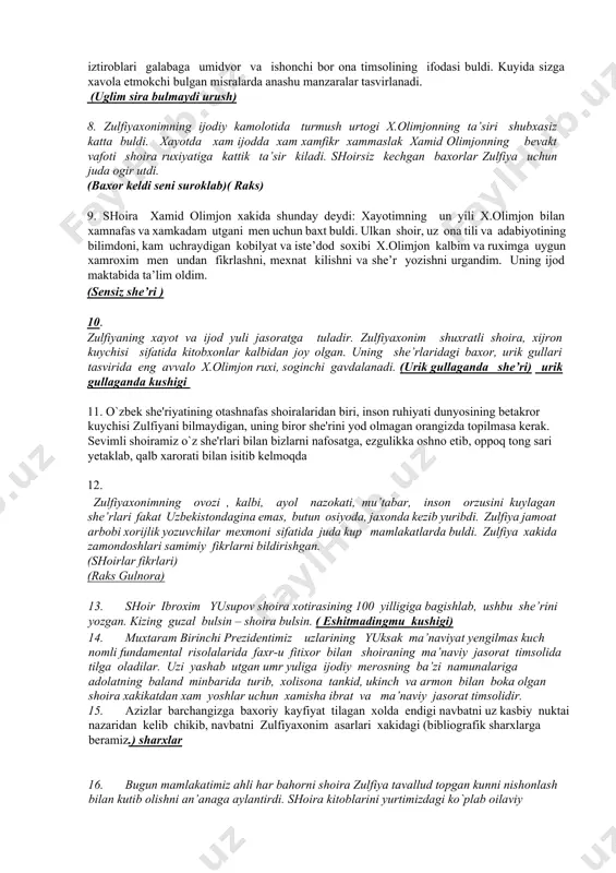 muloyim, donish nigoxlari, chopkillab okayotgan arik, shovullab kuylayotgan teraklar keladi. onam, mening mushfik, mexribon onam, kuzimda iloxiy ezgu sur’ating. yana xayot tulik, bulutday kurkam, kayta jon bagishlar metin kudrating. 7. zulfiyaxonim she’rlarida tong timsoli, buyuk baxt, buyuk erk, va yorug dunyo timsoliday jaranglab turadi. ikkinchi jaxon urushi jaxonga xavf solganda el boshiga ayriliklar, xijronlar tushganda zlufiyaxonimning ovozi tignib kolmadi, balki yangi jarang, uktamlik zinalariga kutarila oldi. uning ijodi yoridan judo yosh kelin, uglidan judo onaizor dilining ogir iztiroblari galabaga umidvor va ishonchi bor ona timsolining ifodasi buldi. kuyida sizga xavola etmokchi bulgan misralarda anashu manzaralar tasvirlanadi. (uglim sira bulmaydi urush) 8. zulfiyaxonimning ijodiy kamolotida turmush urtogi x.olimjonning ta’siri shubxasiz katta buldi. xayotda xam ijodda xam xamfikr xammaslak xamid olimjonning bevakt vafoti shoira ruxiyatiga kattik ta’sir kiladi. shoirsiz kechgan baxorlar zulfiya uchun juda ogir utdi. (baxor keldi seni suroklab)( raks) 9. shoira xamid olimjon xakida shunday deydi: xayotimning un yili x.olimjon …