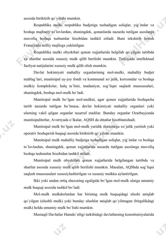 a shartlar asosida xususiy mulk qilib berilishi mumkin. masalan, aqshda sog`liqni saqlash muassasalari xususiylashtirilgan va xususiy mulkka aylantirilgan. ikki yoki undan ortiq shaxsning egaligida bo`lgan mol-mulk ularga umumiy mulk huquqi asosida tashkil bo`ladi. mol-mulk mulkdorlardan har birining mulk huquqidagi ulushi aniqlab qo`yilgan (ulushli mulk) yoki bunday ulushlar aniqlab qo`yilmagan (birgalikdagi mulk) holda umumiy mulk bo`lishi mumkin. mustaqil davlatlar hamdo`stligi tarkibidagi davlatlarning konstitutsiyalarida «har bir shaxs mulkdor bo`lishga haqli» - deb ko`rsatilgan. demak, insonlarning mulkka bo`lgan huquqi konstitutsiyaviy me`yor darajasiga ko`tarilgan. bu huquq konstitutsiyadan tashqari qirg`izistonning mulkchilik to`g`risida, litvaning tadbirkorlik to`g`risidagi va boshqa qonunlarida mustahkamlangan. demokratik davlatlarda davlat iste`molchilarning huquqi ustunligini hisobga olib, iqtisodiy faoliyat, tadbirkorlik va mehnat qilish erkinligini, barcha mulk shakllarining teng huquqliligini va huquqiy jihatdan bab-baravar muhofaza etilishini kafolatlaydi. aqshda xususiy mulk boshqa mulk shakllari kabi daxlsiz va davlat himoyasidadir. «tadbirkorlikni rivojlantirish to`g`risida»gi qonunida va «mulk bilan bog`liq bo`lgan nizolarni hal etish to`g`risida»gi qonunida mulkdorning huquqlari va bu …