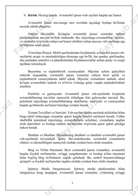 bil qurilmalarda va planshetlarda ham to'g'ri ko'rinadigan dizaynga ega bo'lgan veb-sayt yaratishga e'tibor bering. foydalanuvchilar uchun ishonch hosil qiluvchi, qulay va malakali tajriba taqdim eting. 2. onlayn bron qilish tizimi: avtomobilni onlayn bron qilishga imkon beruvchi tizimni joriy qiling. bu, mijozlarga o'zlarining qulay vaqtida avtomobilni tanlash va bron qilishlari uchun imkoniyat yaratadi. 3. xizmat ko'rgazmasi: avtomobil ijarasi xizmatlaringizni tafsilotlar bilan taqdim eting. har bir avtomobilning tavsifi, narxi va sifati haqida ma'lumotlar berish vositalari bilan saytingizni batafsil to'ldiring. 4. portfolio va avto suratlar: avtomobillaringizning suratlarini va xizmatlaringizning natijalarini namoyish etuvchi portfel yaratish maqsadga muvofiq bo'ladi. mijozlar uchun avtomobillarining suratlarini ko'rsatish orqali saloningiz sifatini va xizmatlarini ko'rish imkoniyatini yaratish. 5. ishchi profillari: jamoangizning mahorati va tajribasini namoyish etuvchi xodim profillarini joylashtiring. har bir xodimning mutaxassisligi, malakasi va hizmat ko'rsatishga tayyorgarligi haqida ma'lumot beruvchi sahifalarni qo'shing. 6. mijozlarning sharhlari: mijozlarning avtomobillar va xizmatlar bilan bog'liq sharhlari va mulohazalari uchun joy tuzing. ijobiy fikr-mulohazalar …