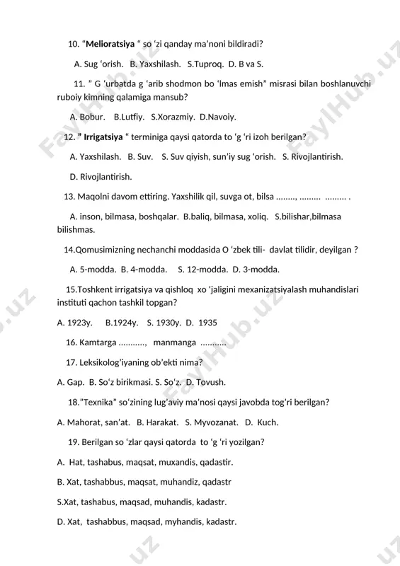 tirda rasmiy ish qog’ozlari to‘g’ri yozilgan? a. ariza, tafsifnoma, beldirgi, sorovnoma, malumotnoma. b. ariza, tavsifnoma, bildirgi, sorovnoma, malumotnoma. s. ariza, tavsifnoma, bildirgi, so‘rovnoma, ma’lumotnoma. d.ariza, tavsifnoma, bildirgi, sorovnoma, ma’lmotnoma. 25. imo-ishora, qo‘l harakatlari orqali amalga oshadigan jarayon muloqotning qaysi ruriga kiradi? a. verbal muloqot. b. kommunikatsiya. s. noverbal muloqot. d. a va s. 26. berilgan javoblarning qaysi birida o‘zbekiston qahramoni, o‘zbekiston xalq shoiri, “wipo creativity award “ oltin medali va italya yulduzi xalqaro sharafli ordeniga sazovor bo‘lgan shoir ko‘rsatilgan? a. shora rasulova. b. muhammad yusuf. s. e. vohidov. d. abdulla oripov. 27. “melioratsiya “ so ‘zi qanday ma’noni bildiradi? a. sug ‘orish. b. yaxshilash. s.tuproq. d. b va s. 28. “muloqot qilaman, bog’layman “ ma’nolarini beruvchi termin? a. muloqot. b. atama. s. bog’lash. d. komminikatsiya. 29. muloqotning qanday shakllari bor? a. og’zaki va yozma. b. yozma. s . faqat og’zaki. d. to ‘g’ri javob yo ‘q. 30. qaysi qatorda “til”ga …