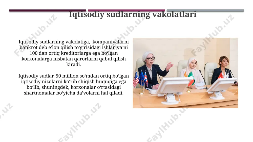 etish toʻgʻrisida qaror qabul qilishi shart. sud islohotlari va istiqbollari “sud islohotlari va istiqbollari” doirasida 2023-yil yakuniga ko‘ra, sud tizimida 1500 dan ortiq yangi texnologiyalarni qo‘llash bo‘yicha loyihalar amalga oshirildi, bu esa sud ishlarini yuritish samaradorligini 20% ga oshirdi. o‘zbekiston respublikasi oliy sudi tomonidan 2024-yil uchun sud tizimini rivojlantirishning 5 ta asosiy yo‘nalishi belgilab olindi, jumladan, sud organlarining raqamlashtirish darajasini 80% ga yetkazish rejalashtirilgan. oliy sudning vakolatlari oliy sud konstitutsiyaga muvofiq 15 nafar sudyadan iborat bo'lib, ularning vakolat muddati 5 yilni tashkil etadi. oliy sud qarorlari o‘zbekiston respublikasi hududida barcha sudlar va boshqa davlat organlari uchun majburiydir. e'tiboringiz uchun rahmat @taqdimot_robot image1.jpg image2.jpg image3.jpg image4.jpg image5.jpg image6.jpg image7.jpg image8.jpg image9.jpg image10.jpg image11.jpg image12.jpg