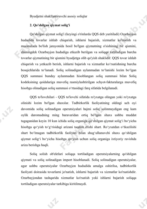 sa yoki yig'sa, u holda tovarni ko'rsatish joyi tovarni o'rnatish yoki yig'ish joyi hisoblanadi. hisobot davrida soliq solinadigan aylanmadan byudjetga to'lanishi lozim bo'lgan qqs summasi soliq solinadigan aylanmadan hisoblangan soliq summasi bilan hisobga olinadigan soliq summasi o'rtasidagi farq sifatida aniqlanadi. hisobga olingan qqs summasi soliq to‘lovchiga berilgan soliq schyot-fakturalari bo‘yicha to‘lanishi lozim bo‘lgan (to‘langan) soliq summasi sifatida e’tirof etiladi. qqs to‘lovchi sifatida ro‘yxatga olingan va soliq solinadigan operatsiyalarni amalga oshiruvchi shaxs tovarlarni, ishlarni yoki xizmatlarni qabul qilgan shaxsga soliq schyot-fakturalarini berishga majburdir. qqs bo'yicha ro'yxatdan o'tmagan shaxs soliq hisob-fakturalarini berish huquqiga ega emas. soliq schyot-fakturasi - bu tegishli ijro etuvchi hokimiyat organi tomonidan belgilangan shaklda rasmiylashtirilgan qat'iy javobgarlik to'g'risidagi hujjat. soliq to'lovchi quyidagilarga majburdir: - har bir hisobot davri uchun soliq organiga qqs deklaratsiyasini taqdim etish; - har bir hisobot davri uchun deklaratsiyani topshirish uchun belgilangan muddatlarda byudjetga soliq to'lash aktsiz solig'i aksiz solig'i aktsiz to'lanadigan tovarlarni sotish narxiga kiritilgan …