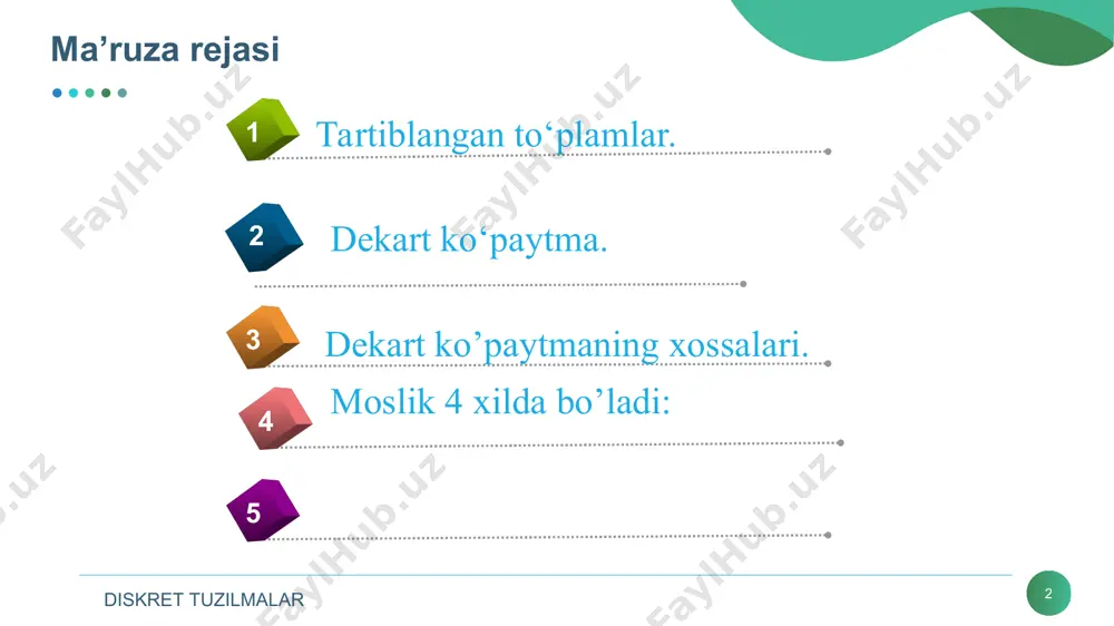 bat sonning o’zi bilan birga-bir mos qo’yilgan. 2. birga-ko’p qiymatli moslik, bunda x ning bitta elementiga y danikkita va undan ortiq element mos qo’yilgan bo’ladi. masalan, x - butun musbat sonlar to’plami bo’lsin: x={4,9,16} y - x dan olingan kvadrat ildiz bo’lsin: y={-2,2,-3,3,-4,4} . moslik 4 xilda bo’ladi: diskret tuzilmalar * 3. ko’pga-bir qiymatli moslik, bunda y to’plamning har bir elementiga x to’plamdan bir nechta qiymat mos qo’yiladi. masalan, imtihon topshiruvchi talabalar to’plami x ga baholar to’plami y mos qo’yiladi. bunda har bir talaba bittadab baho oladi, lekin 1 ta baho bir nechta talabaga qo’yiladi. 4. ko’pga-ko’p qiymatli moslik, bunda x to’plamning bitta elementiga y to’plamdan bir nechta qiymat mos qo’yiladi, shuningdek, y ning bitta elementiga x dan bir nechta qiymat mos qo’yiladi. masalan, x - biror qurilmaning bajaruvchi sxemalari, y - esa elementlar tipi deyish mumkin. misol 7. odamlar o’rtasidagi “qarindoshlik” munosabati binar munosabat bo’lib, bu to’plam umumiy ajdodga …