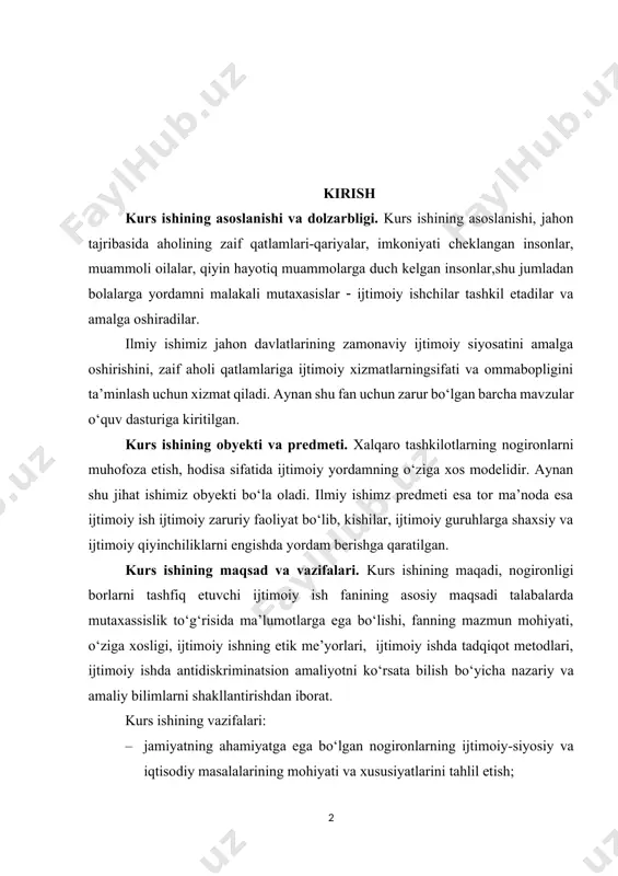 k me’yorlari, ijtimoiy ishda tadqiqot metodlari, ijtimoiy ishda antidiskriminatsion amaliyotni ko‘rsata bilish bo‘yicha nazariy va amaliy bilimlarni shakllantirishdan iborat. kurs ishining vazifalari: 1. jamiyatning ahamiyatga ega bo‘lgan nogironlarning ijtimoiy-siyosiy va iqtisodiy masalalarining mohiyati va xususiyatlarini tahlil etish; 1. nogironlarni davlat ijtimoiy siyosatining asosiy yo‘nalishlari etib belgilash; kurs ishining o‘rganilganlik darajasi. ijtimoiy ish insonlarning, nogironlarning huquqi va imkoniyatlarini oshirish jarayonida, insonlarning o‘ziga, oila a’zolariga, ishlab chiqarish tashkilotlariga va ularning jamoat birlashmalariga ko‘mak beradi, hamda ularning o‘zaro munosabatlariga, ijtimoiy-iqtisodiy va siyosiy darajalarining o‘sishiga bevosita ta’sir etib, hayotiy faoliyatlarining yaxshilanishiga olib keladi”. aynan shu jihat ilmiy ishimiz o‘rganilganlik darjasi hisoblanadi. kurs ishining tuzilishi. kurs ishimiz tarkibiy jihatdan kirish, ikki bob, oʻz navbatida har bir bob ikki boʻlimdan iborat, shuningdek kurs ishimiz xulosa va foydalanilgan adabiyotlardan tashkil topgan. i bob. nogironlarning xalqaro huquq tasnifi 1.1. nogironlarning huquqiy hujjatlarini shakllanish evolyutsiyasi inson huquqlari umumjahon deklaratsiyasida har bir inson irqi, terisining rangi, jinsi, tili, dini, siyosiy …