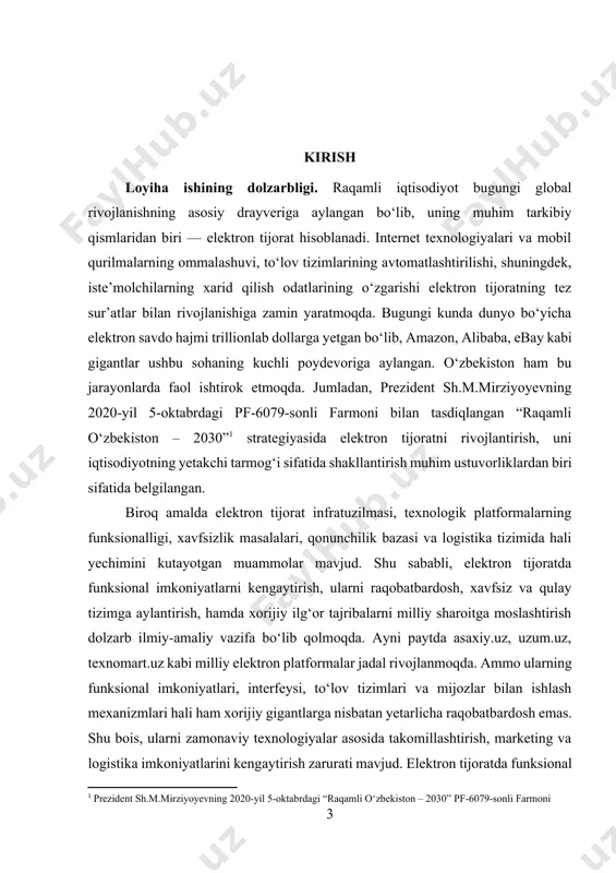 osining o‘sishi, yangi texnologiyalarni qo‘llash va iqtisodiy samaradorlikka ta’sirini aniqlashdir. kurs ishida internet do‘konlarining o‘zbekiston iqtisodiyotiga qo‘shgan hissasini, mavjud huquqiy va normativ asoslarni, shuningdek, bu sohadagi texnologik yutuqlar va rivojlanish istiqbollarini ko‘rib chiqishdir. loyiha ishining vazifalari: · elektron tijorat tushunchasi, shakllari va rivojlanish bosqichlarini o‘rganish; · mahalliy va xalqaro elektron tijorat platformalarining funksional imkoniyatlarini solishtirish; · o‘zbekistonda elektron tijorat infratuzilmasining holatini tahlil qilish; · swot, pest va snw tahlillarini qo‘llagan holda muammolarni aniqlash; · elektron tijoratni rivojlantirish bo‘yicha aniq takliflar ishlab chiqish. loyiha ishining obyekti. o‘zbekiston respublikasidagi elektron tijorat sohasi, raqamli to‘lov tizimlari, yirik elektron savdo platformalari (asaxiy.uz, uzum.uz va boshqalar). loyiha ishining predmeti. elektron tijoratning funksional imkoniyatlarini kengaytirish va rivojlantirishga oid amaliy, iqtisodiy, texnologik va huquqiy jarayonlar. loyiha ishining metodik asosi: · tahliliy va solishtirma tahlil; · swоt, pest, snw tahlil usullari; · keys-stadi (asosiy keyslar sifatida asaxiy.uz va uzum.uz saytlari tanlandi); · statistik va grafik usullar. loyiha ishining …