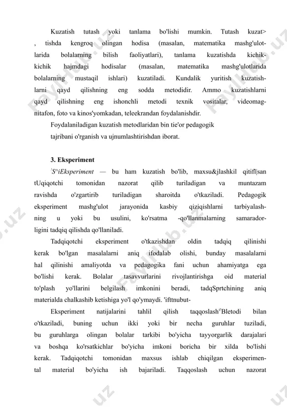 ksperiment natijalari haqida obyektiv ma'lumotlar olishning t hqa usullaridan ham foydalaniladi: 1. eksperimental guruhlarda boshlang'ich shartlar nazorat guruhidagiga qaraganda birmuncha qulayroqdir; agar eksperi- mental: ^druhlarda bunday sharoitlarda yaxshi natijalar olingan bo'lsaj'ftasalani eksperimental hal qilish o'zini oqlagan hisobla- nadi. 'w 2. bolalarning tarkibi taxminan bir xil bo'lgan ikkita guruh olinadi; tadqiq qilinayotgan masalaning yangi yechimi shu guruhlarning bittasida qo'llaniladi so'ngra boshqa mavzu material- larida ikkinchi bir guruhda qo'llaniladi; agar isiaday qo'llanishdagi yangi metod, usul yaxshi natija bersa, bijil^ul, metod o'zini oqlagan bo'ladi. - tarbiyachi eksperimentni boshlashdan oldin, oraliq bosqich- larida va oxirida hamma guruh bolalarining bil.mlarini tekshiradi. olingan ma'lumotlarni tahlil qilish asosida tadqiq qilinayotgan metod, usul va hokazolarning samaradorligi haqida xulosalar chiqariladi. eksperimental va nazorat guruhlardan olingan sifat va miqdoriy natijalarni tahlil qilish asosida eksperimental xulosa chiqariladi. miqdoriy kattaliklarni aniqlashning turli xil usullari (o'zlashtirilishi bo'yicha, to'g'ri va noto'g'ri javoblarni taqqoslash va hokazo) mavjud. keying! vaqtlarda shu maqsadda turli xil statistika metodlaridan …