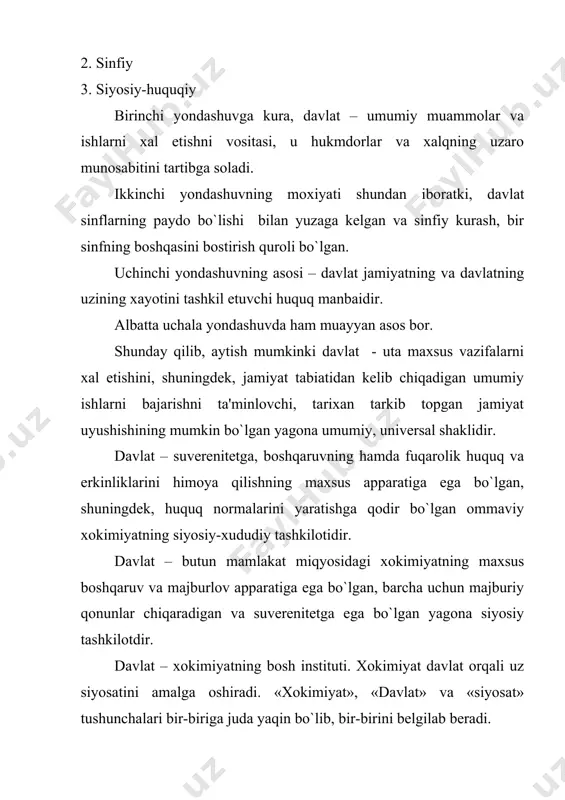 ar mavjud. ular: 1. faoliyat doirasi buyicha 2. amal qilishning doimiyligi buyicha 3. ijtimoiy ahamiyati buyicha 4. amalga oshirishning huquqiy shakllari buyicha bo`lgan mеzonlardan iborat. faoliyat doirasi buyicha: a) ichki funktsiyalarga b) tashqi funktsiyalarga bo`linadi. ichki funktsiya – davlat ichki xayotining boshqarishga qaratilgan asosiy yunalishidir. ichki funktsiyalar: 1. iqtisodiy funktsiya. bu funktsiyaga utishdan oldin davlatimiz rivojlanishining asosiy maqsadini ta'riflab bеrishni zarur dеb xisoblaymiz. shu maqsadda prеzidеnt i.a.karimovning quyidagi suzlarini kеltiramiz. «pirovard maqsadimiz ijtimoiy yunaltirilgan barkaror bozor iqtisodiyotiga, ochik tashqi siyosatga ega bo`lgan kuchli dеmokratik huquqiy davlatni va fuqarolik jamiyatini barpo etishdan iboratdir». iqtisodiy funktsiyalarni quyidagilarda kurish mumkin. a) mamlakat iqtisodiy tarakkiyotining umumiy dasturlarini bеlgilash. b) iqtisodiyotning eng ustuvor tarmoklarini rag`batlantirish. v) tadbirkorlikni rivojlantirish uchun qulay sharoitlar yaratish. g) bandlik buyicha yangi siyosatni shakllantirish. shuni ham ta'kidlash kеrakki, funktsiyalarni aniqlab olish muxim bulmasdan balki ularga og`ishmay amal qilish hamda shu vazifalarni bajara olish ham ahamiyatlidir. 2. ijtimoiy funktsiyalar. bular: 1. jamiyatning …