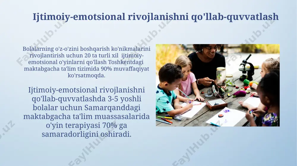 rish andijon viloyatining 5 ta qishloq bog'chasida amalga oshirilgan tadqiqotlar shuni ko'rsatdiki, bolalar bilan muntazam suhbatlashish ularning nutqini 15-20% ga yaxshilaydi. til rivojlanishini 10% ga oshirish uchun, toshkentdagi eksperimental bog'chalarda 700 so'zli lug'atni o'z ichiga olgan maxsus dastur joriy etildi. texnologiyalarni qo'llash orqali rivojlanayotgan muhit toshkent shahridagi 10 ta maktabgacha ta'lim muassasalarida 2023-yilda o'tkazilgan tadqiqotlar shuni ko'rsatdiki, virtual haqiqat texnologiyalaridan foydalanish bolalarning xotirasi va diqqatini 15% ga oshirgan. bolalar bog'chalarida interfaol o'quv dasturlari, masalan, 3-5 yoshli bolalar uchun mo'ljallangan "uchqun" dasturi yordamida, o'quv jarayonini 20% ga tezlashtirib, samarqanddagi 5 ta bog'chada sinovdan o'tkazildi. rivojlanayotgan muhitni baholash toshkent shahridagi 10 ta bog'chada o'tkazilgan baholash natijalari, rivojlanayotgan muhitning sifatini aniqlashda, bolalarning faol ishtiroki va o'z-o'zini ifoda etish imkoniyatlarini 4 ball shkalasi bo'yicha baholashni o'z ichiga oldi. farg'ona viloyatida joylashgan 3 ta qishloq maktabgacha ta'lim muassasalari orasida o'tkazilgan sravnitel'niy tahlil, tabiiy resurslardan foydalanish darajasini va rivojlanayotgan muhitning ekologik jihatlarini baholashni o'z ichiga oldi. …