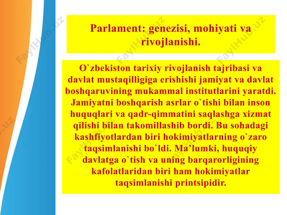 a bo`lgan parlamentsiz mamlakatida to`laqonli demokratiya bo`lishi mumkin emasligi yaqqol ko`zga tashlanib qoldi. binobarin, fuqarolar demokratiya to`g`risidagi tasavvurlarini avvalo davlatni idora etishda o`zlari ishtirok etishlarining real imkoniyati bilan qolaversa, parlament orqali qonun ijodkorligi jarayoniga ta’sir ko`rsata olish imkoniyatlari bilan bog`laydilar”. taniqli siyosatshunos olim s.jo`raev hokimiyatlar bo`lishini printsipining demokratik jamiyat barpo etishda naqadar ahamiyatli ekanligini ta’kidlab, “jamiyat demokratlashuvini ta’minlashning siyosiy-huquqiy mexanizmi – bu siyosiy siyosiy sistemaning demokratik qoidalar asosida shakllanib borishi va faoliyat ko`rsatishidir. adabiyotlar: islomov z.m. huquq tushunchasi, mohiyati, ijtimoiy vazifasi: o‘quv qo‘llanma / o‘zr adliya vazirligi, toshkent davlat yuridik in-ti. – toshkent: tdyui, 2004. – 46 b. odilqoriyev x.t. ikki palatali parlament.–t.: o‘zr iiv akademiyasi. – 2005. – b. 79. yushik a.i. teoreticheskiye problemi zakonodatelnogo protsessa. avtoref diss. dok. yurid. nauk. – kiyev, normativnogo pravovogo akta // vestnik gumanitarnogo universiteta. seriya pravo. – moskva, 2002. – № 1 (3). – image2.jpeg image3.jpeg image4.jpeg image5.jpeg image6.jpeg image7.jpeg image8.jpeg image9.jpeg image1.jpeg